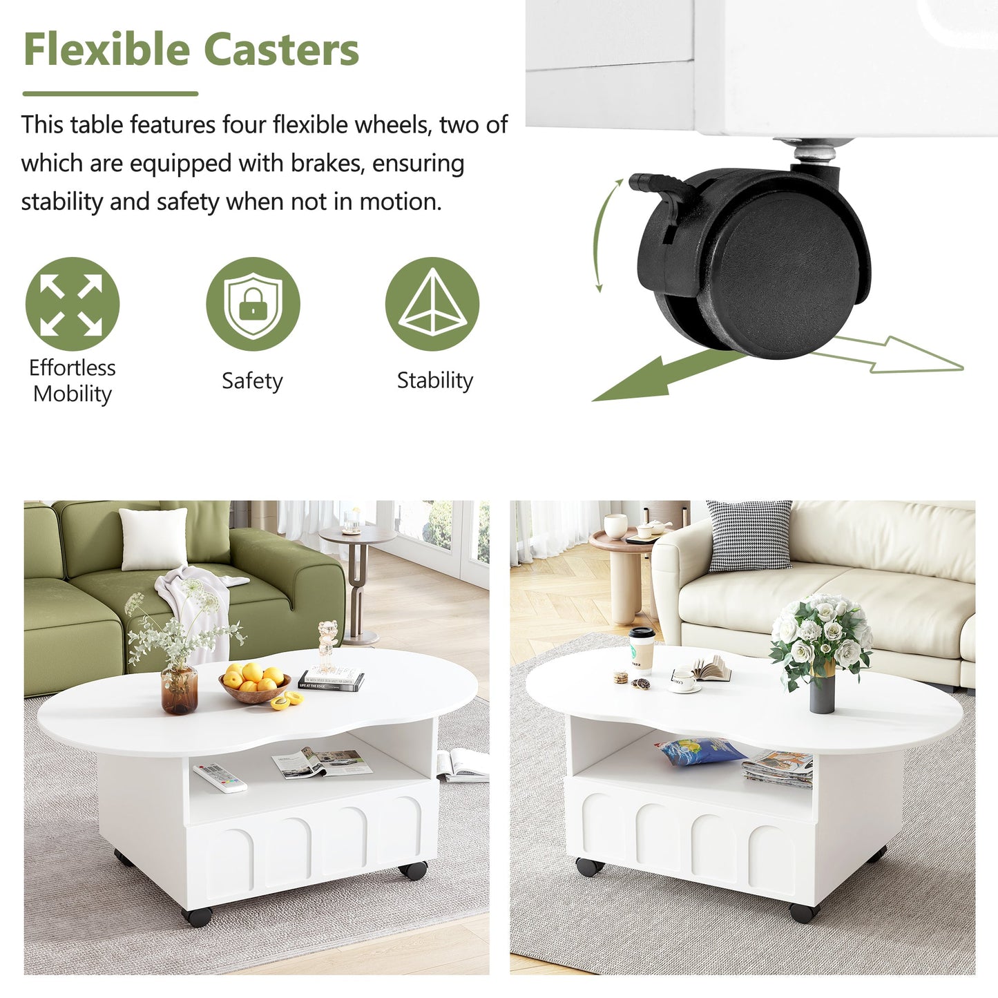 ON-TRANS flexible cream style coffee table with 2 brake wheels, drawers, large storage space, white, 39.37 '' x 23.6 '' - Korvel