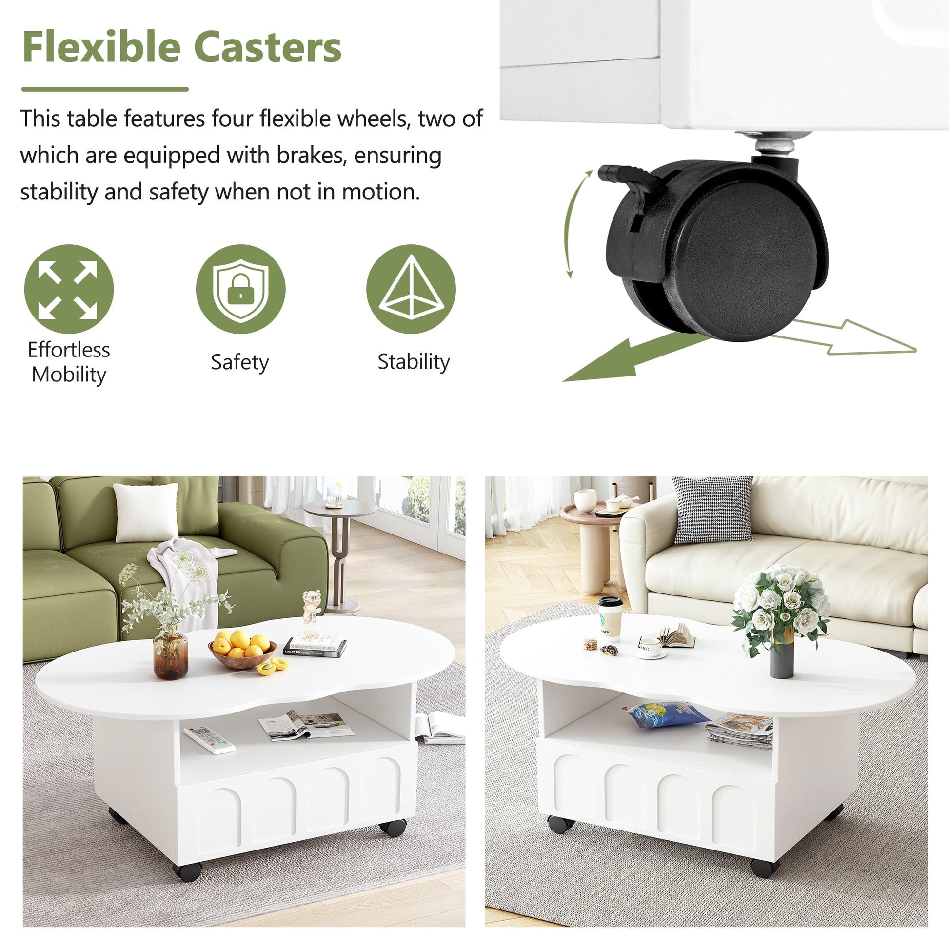 ON-TRANS flexible cream style coffee table with 2 brake wheels, drawers, large storage space, white, 39.37 '' x 23.6 '' - Korvel
