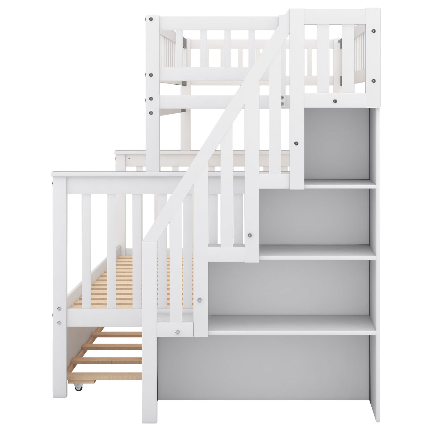 Elegant Twin over Full Bunk Bed with Trundle and Staircase - White
