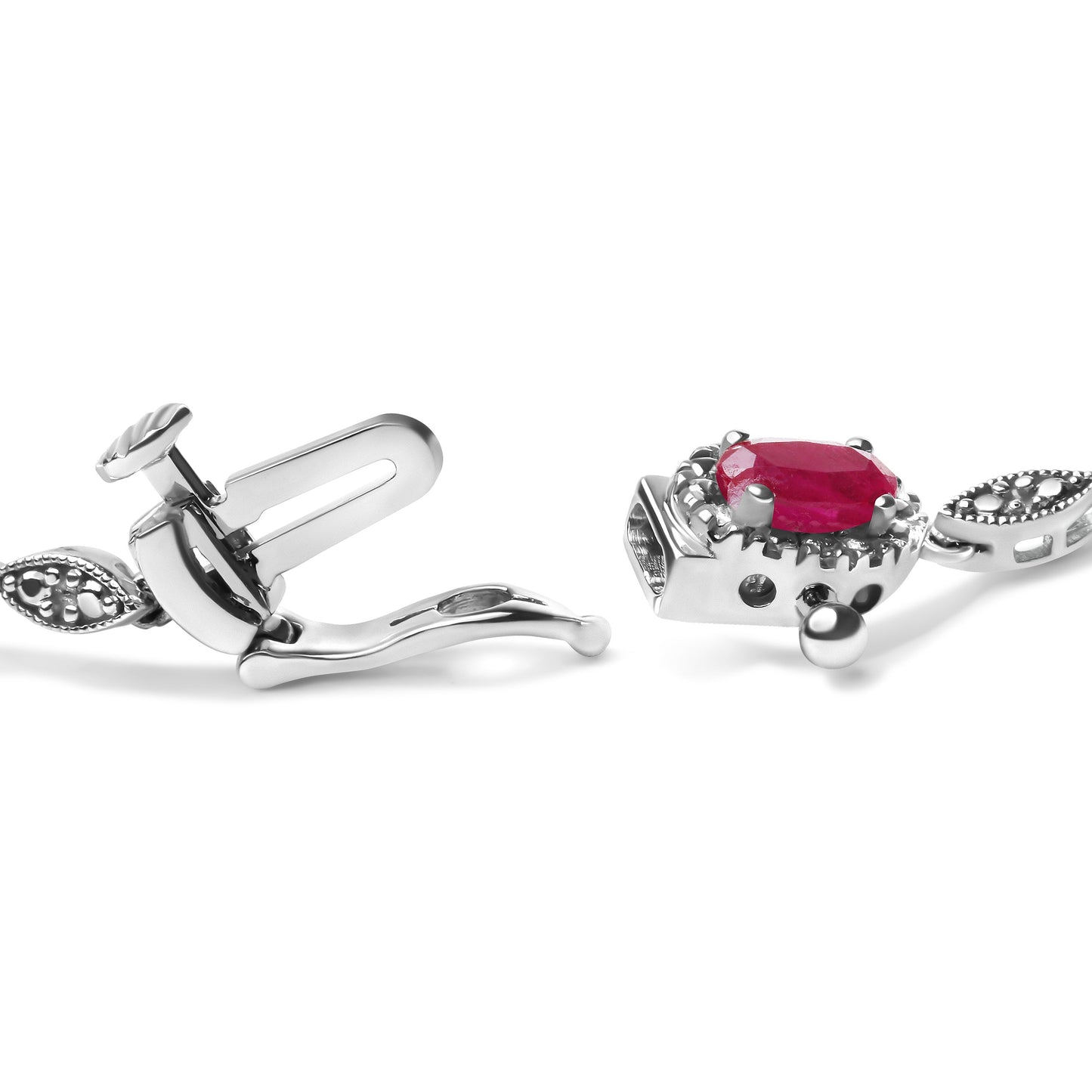 10K White Gold Ruby and Diamond Link Bracelet - Size 7"