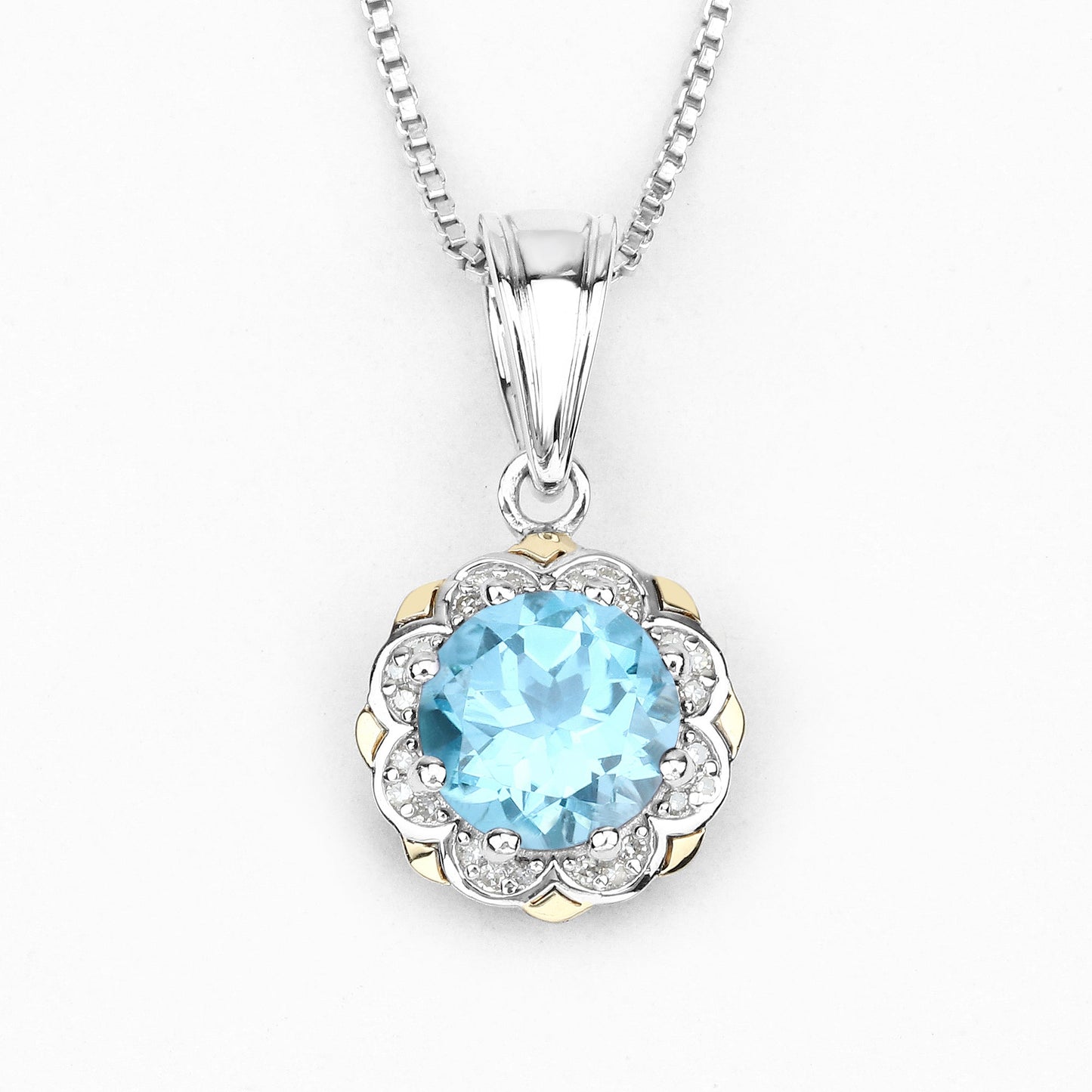 Colgante de Topacio Azul Suizo de 2.32 Quilates y Diamantes en Oro de 14K y Plata Esterlina