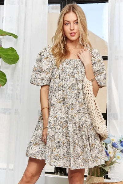 New Summer Floral Square Neck Puff Sleeve Dress For Women – Feminine, Fluttering, Romantic, Vintage-Inspired Floral Dress - Korvel