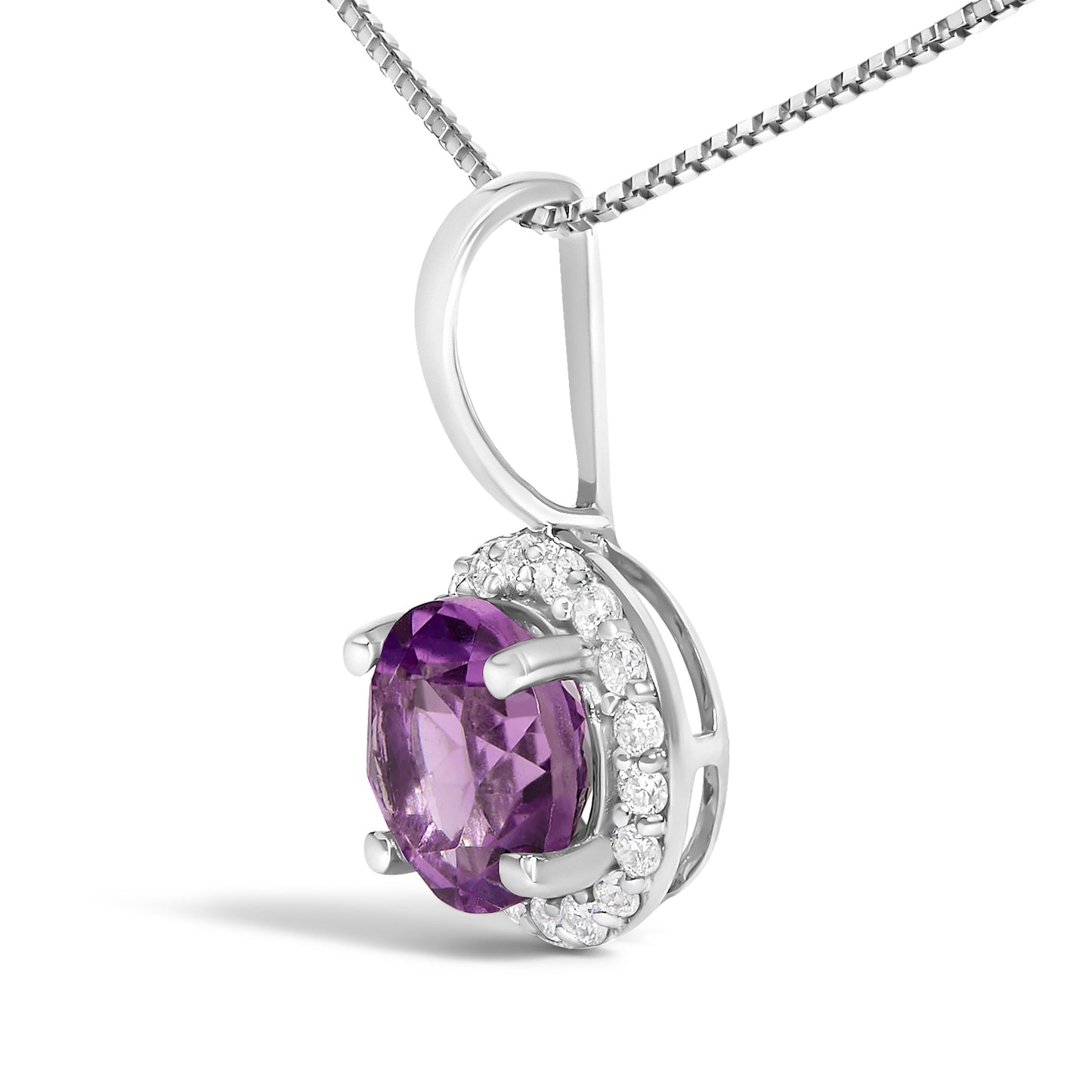 Collar de Colgante Halo de Amatista Púrpura y Diamante en Oro Blanco de 10K