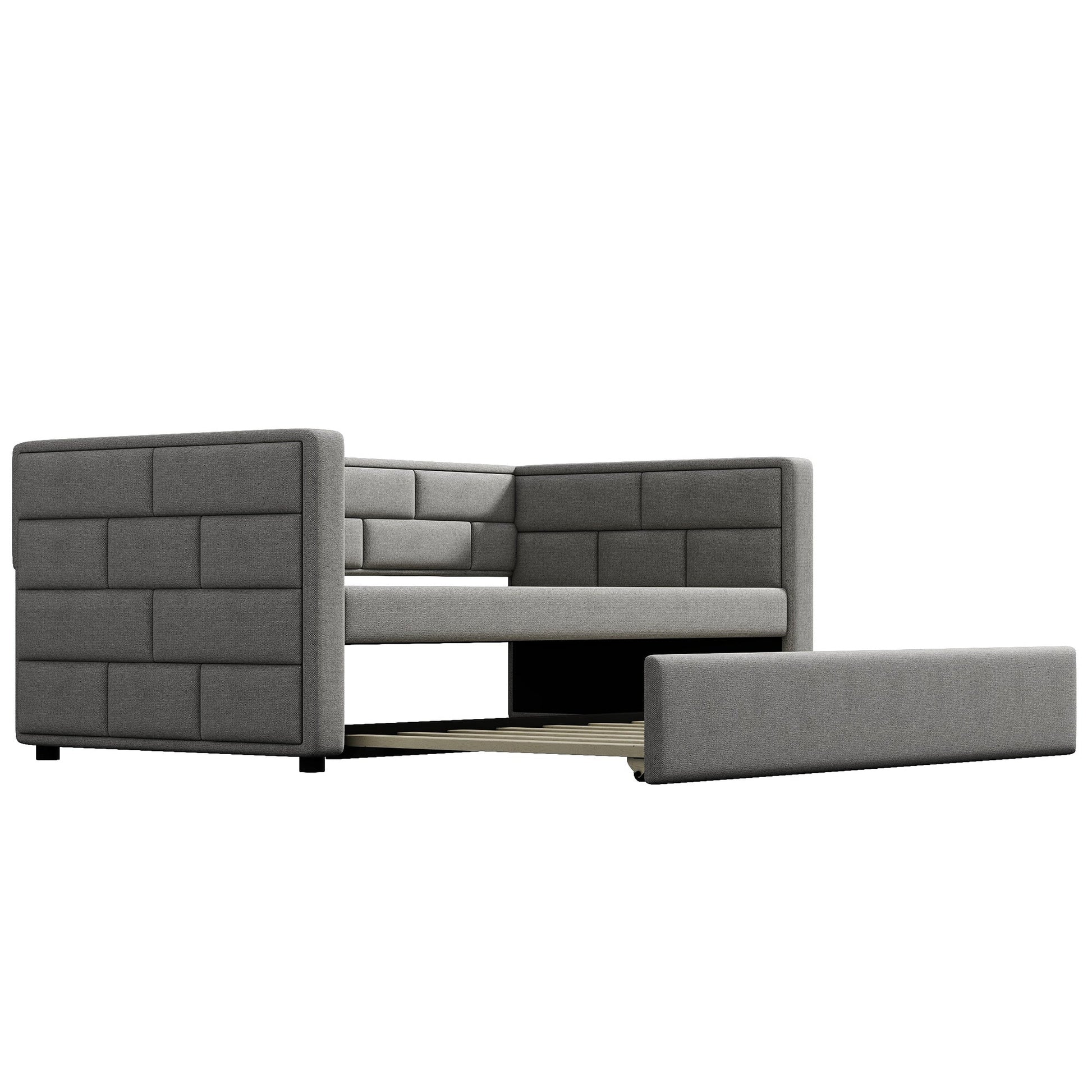 Twin Size Daybed with Trundle  Upholstered Daybed with Padded Back  Gray - Korvel