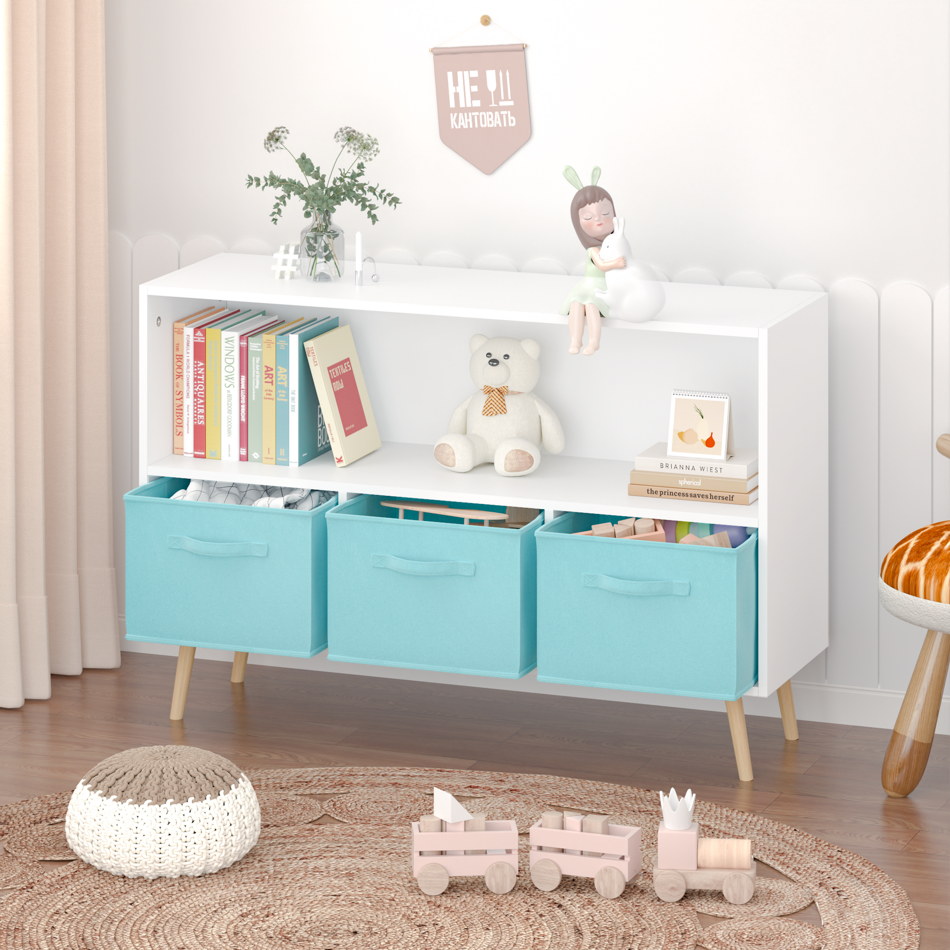 Kids bookcase with Collapsible Fabric Drawers Children's Book Display Toy Storage Cabinet Organizer White/Blue - Korvel
