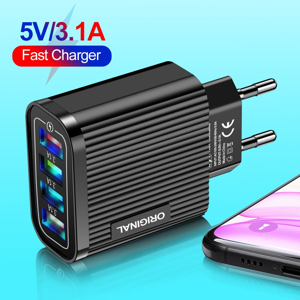 Luminous 4 USB mobile phone charging head, European and American standard travel charger, striped USB smart tablet charger - Korvel
