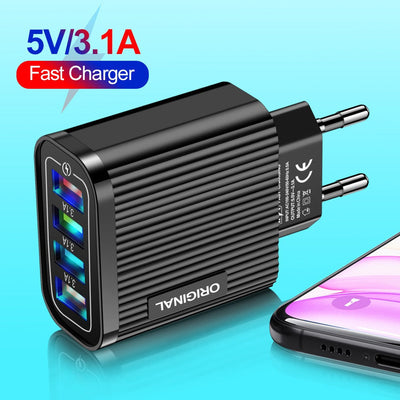 Luminous 4 USB mobile phone charging head, European and American standard travel charger, striped USB smart tablet charger - Korvel