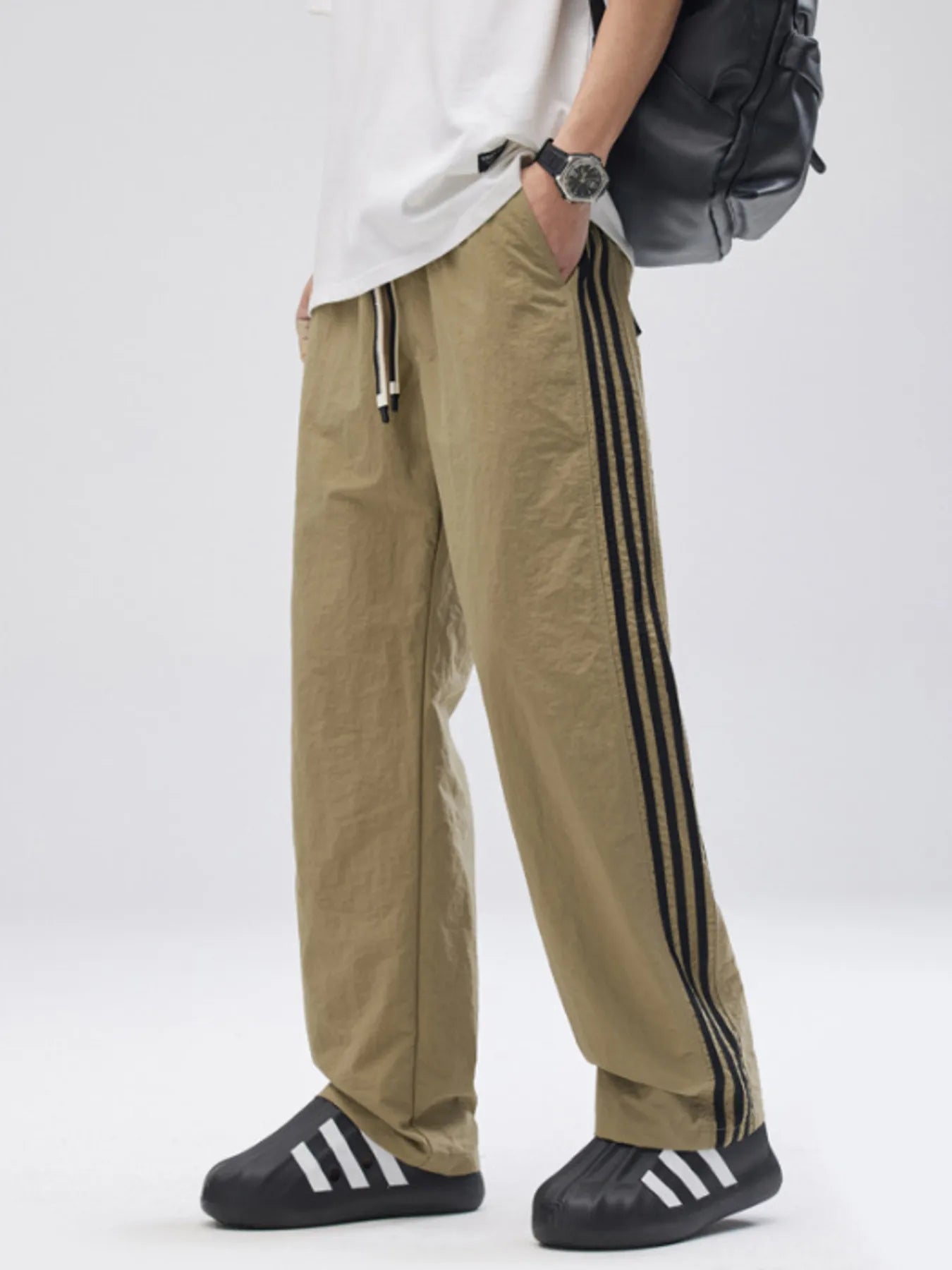 Men's Plus Size Drawstring Wide Leg Pants with Side Stripes