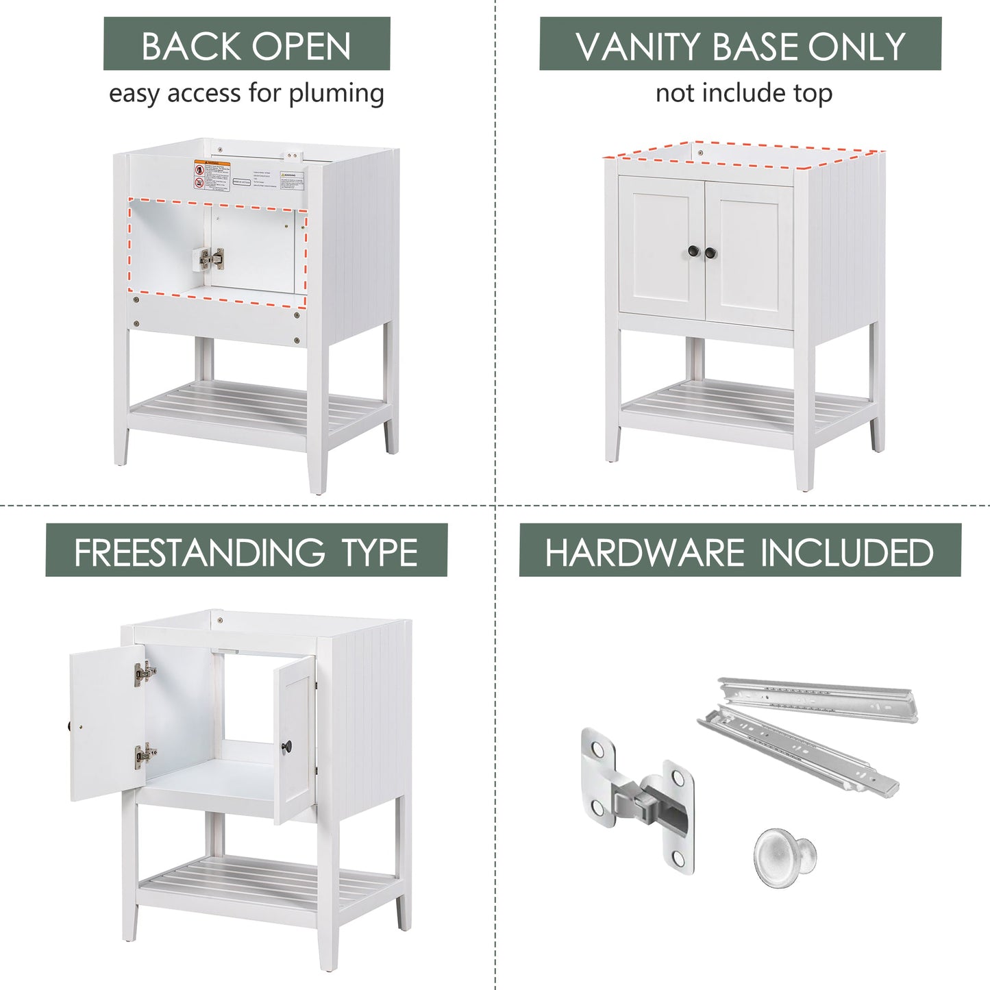 24" Bathroom Vanity Base Only, Soild Wood Frame, Bathroom Storage Cabinet with Doors and Open Shelf, White - Korvel