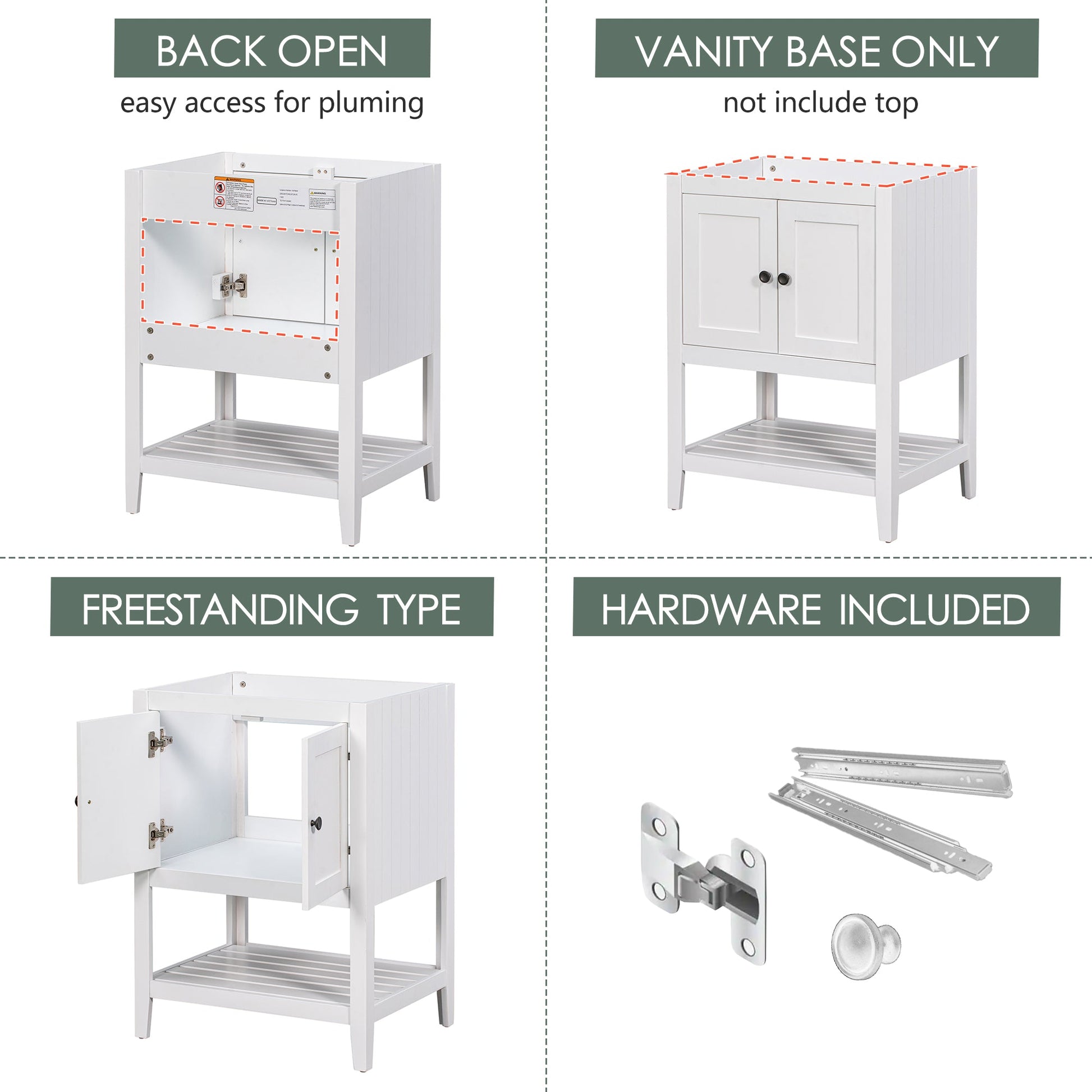 24" Bathroom Vanity Base Only, Soild Wood Frame, Bathroom Storage Cabinet with Doors and Open Shelf, White - Korvel