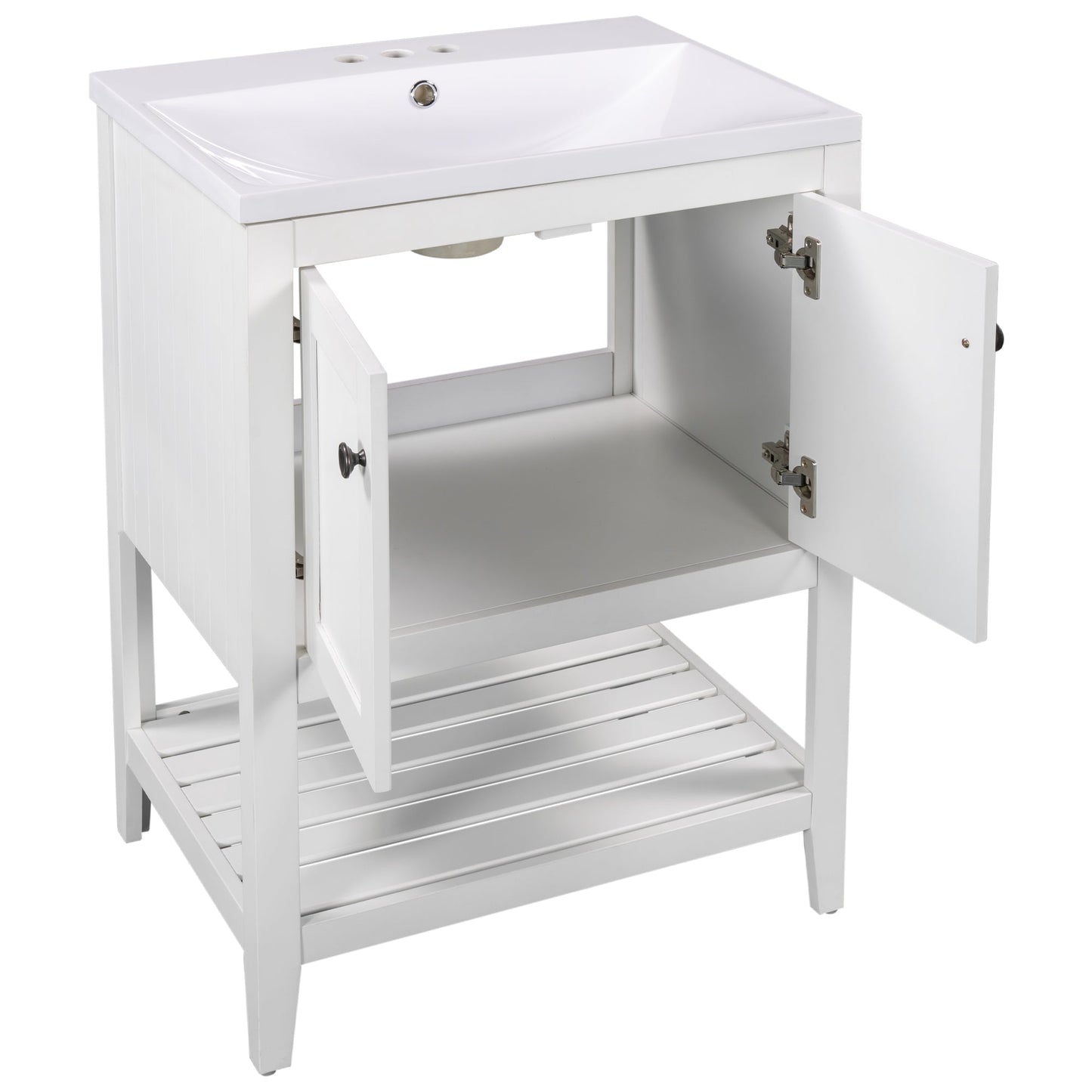 24" White Modern Sleek Bathroom Vanity Elegant Ceramic Sink with Solid Wood Frame Open Style Shelf - Korvel