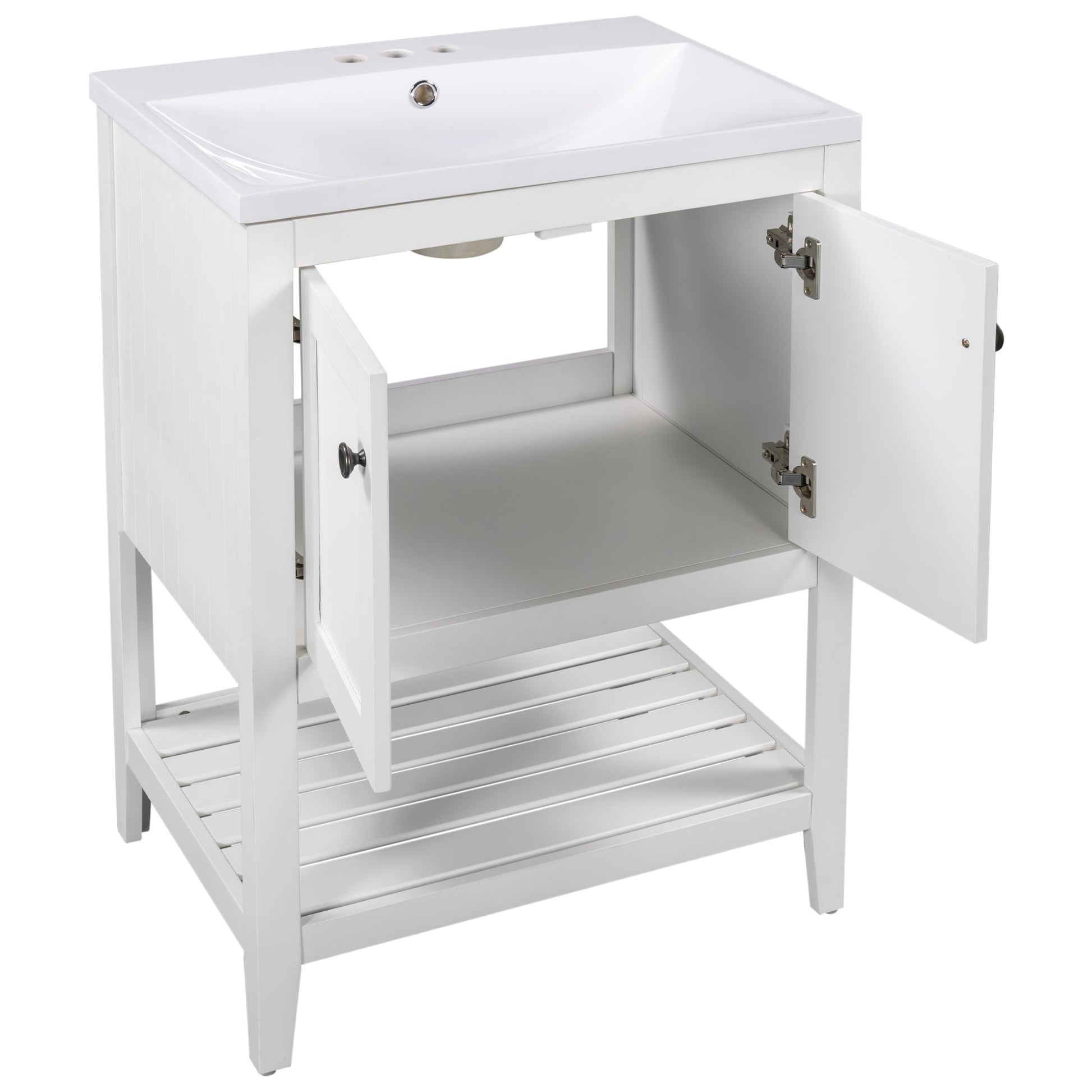 24" White Modern Sleek Bathroom Vanity Elegant Ceramic Sink with Solid Wood Frame Open Style Shelf - Korvel