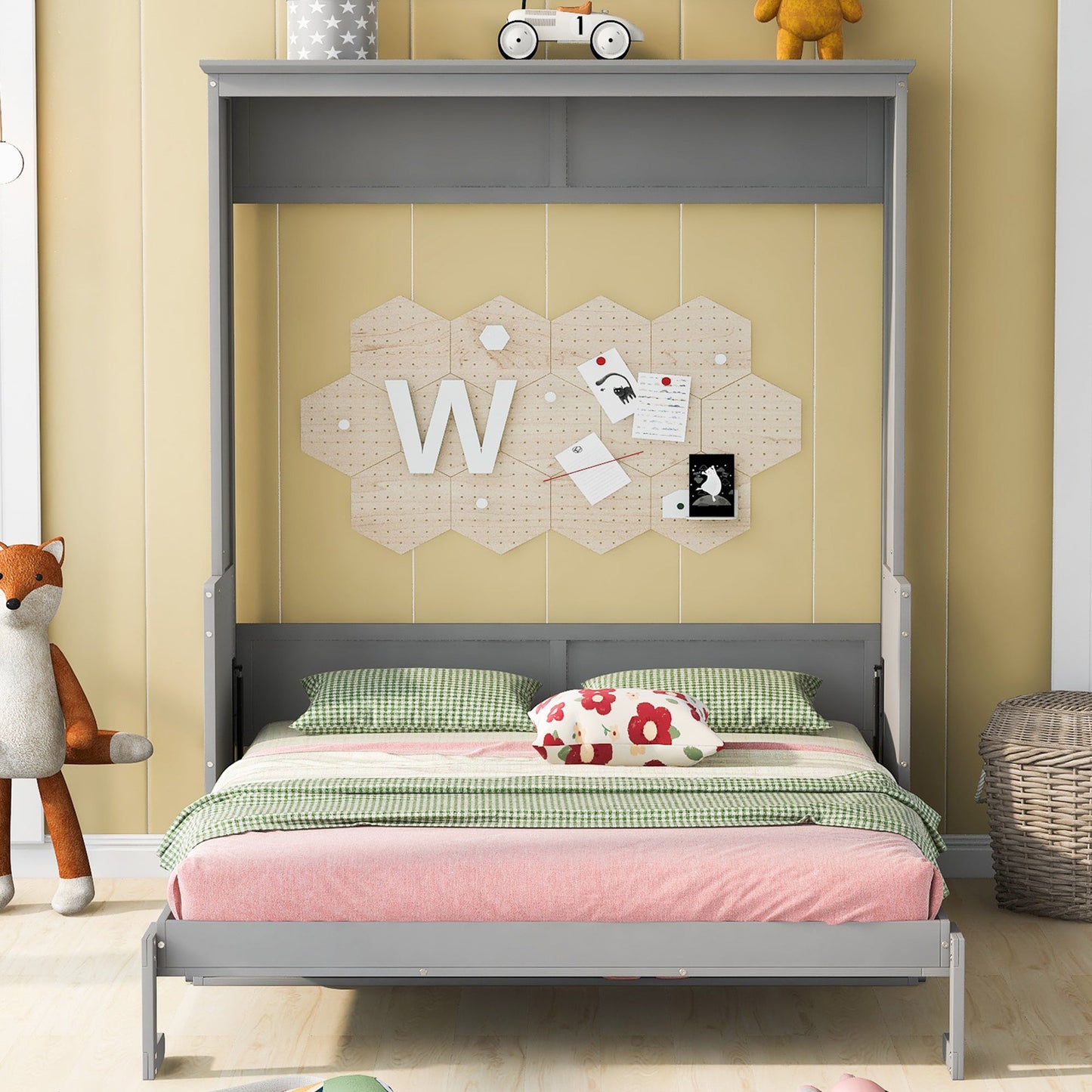 Queen Size Murphy Bed with a Shelf, Gray - Korvel