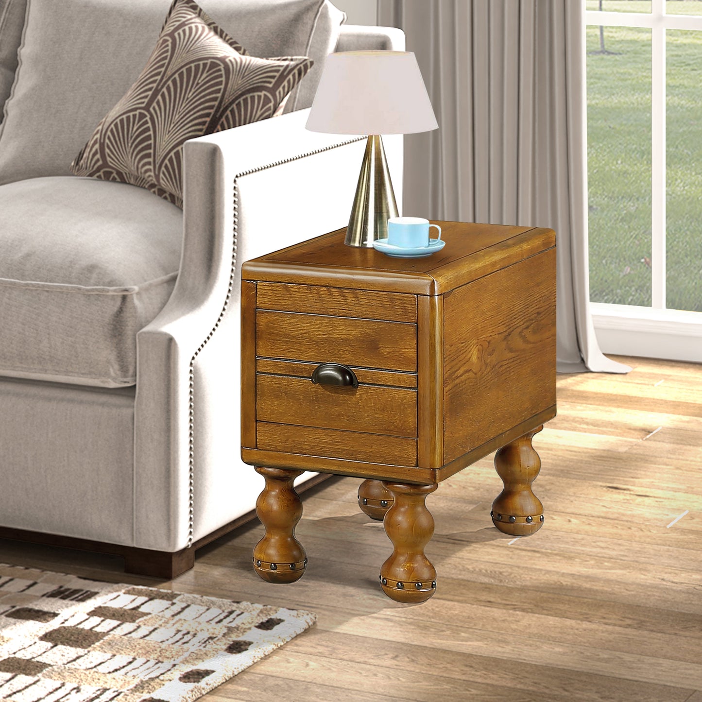 Solid wood end table, rectangular 23.6 inch narrow edge table with drawers, vintage bedside table， Antique Brown - Korvel