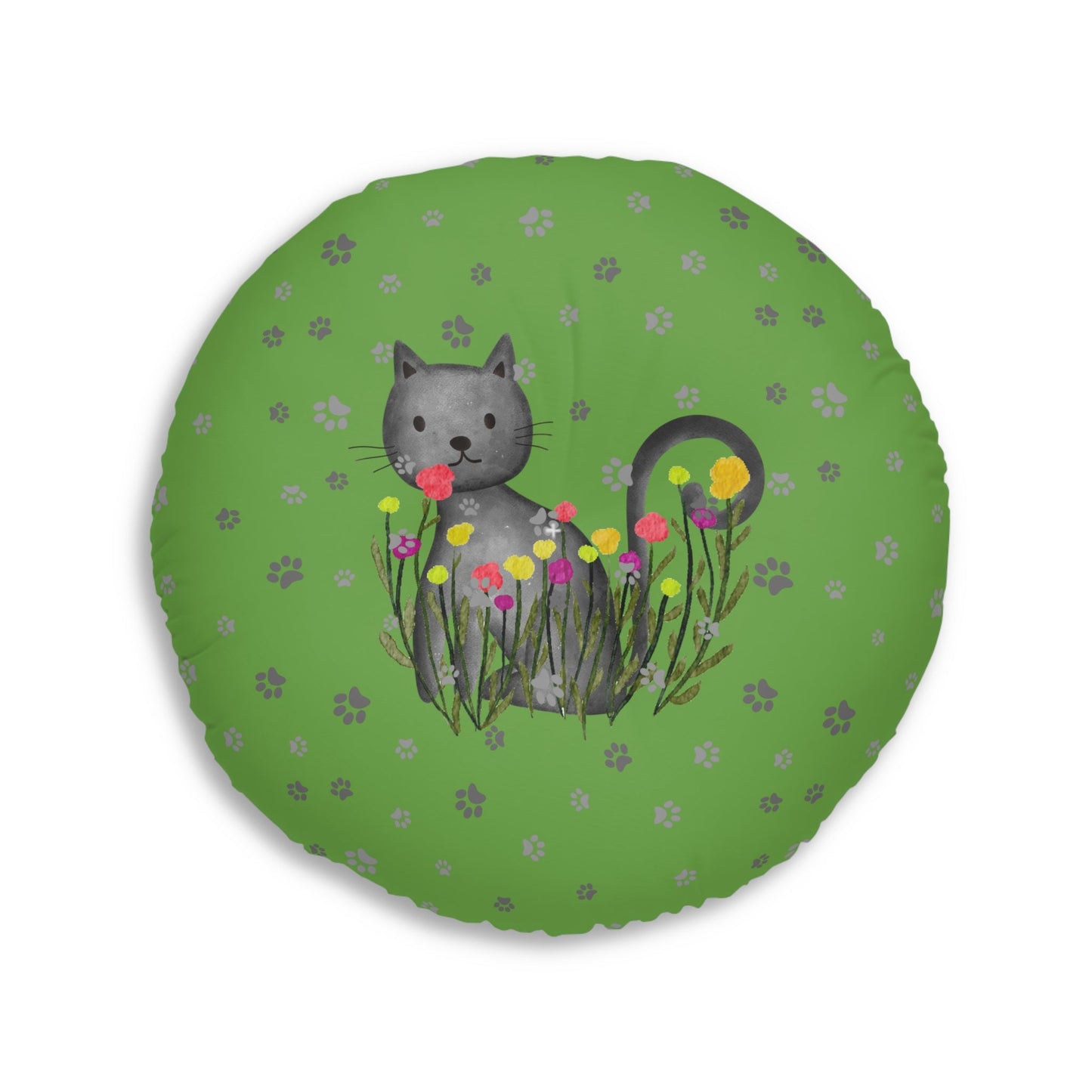 Curious Garden Cat Round Floor Pillow – Green Paw Print Accent Cushion