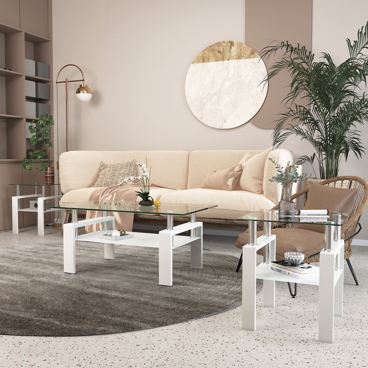 Set of 2 Modern Tempered Glass Coffee Tables