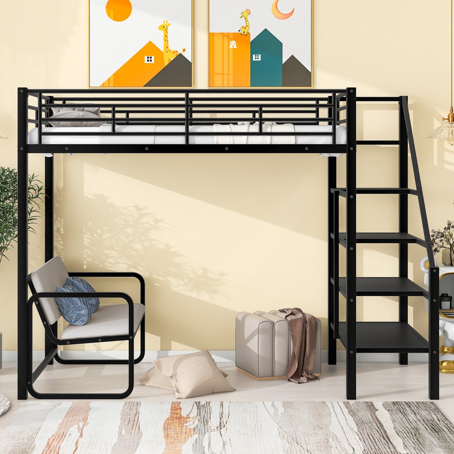 Twin Size Metal Loft Bed with Bench and Storage Staircase  Black - Korvel