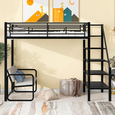 Twin Size Metal Loft Bed with Bench and Storage Staircase  Black - Korvel