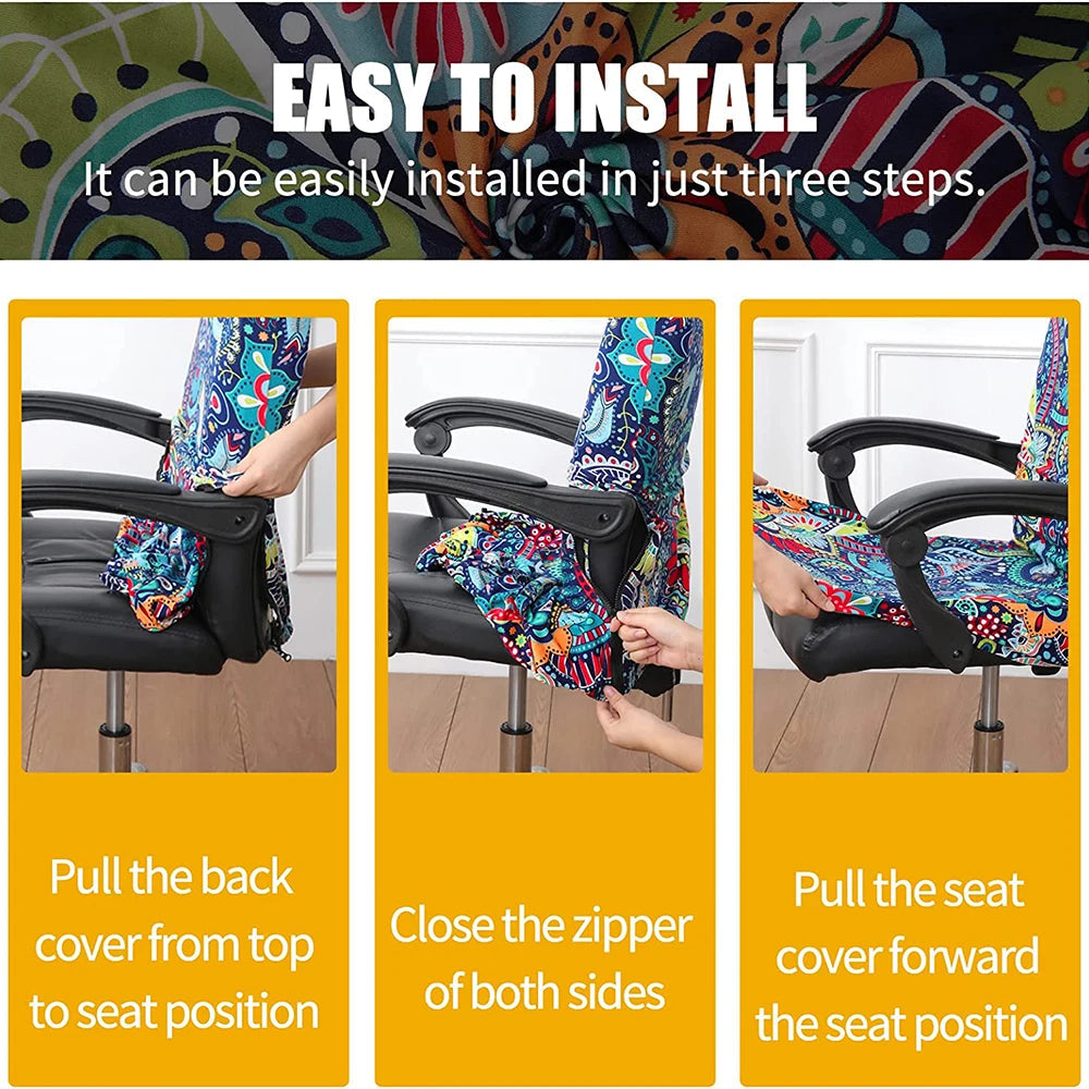 Stretch Printed Computer Office Chair Covers Soft Fit Universal Desk Rotating Slipcovers Removable Washable Anti-Dust Spandex - Korvel