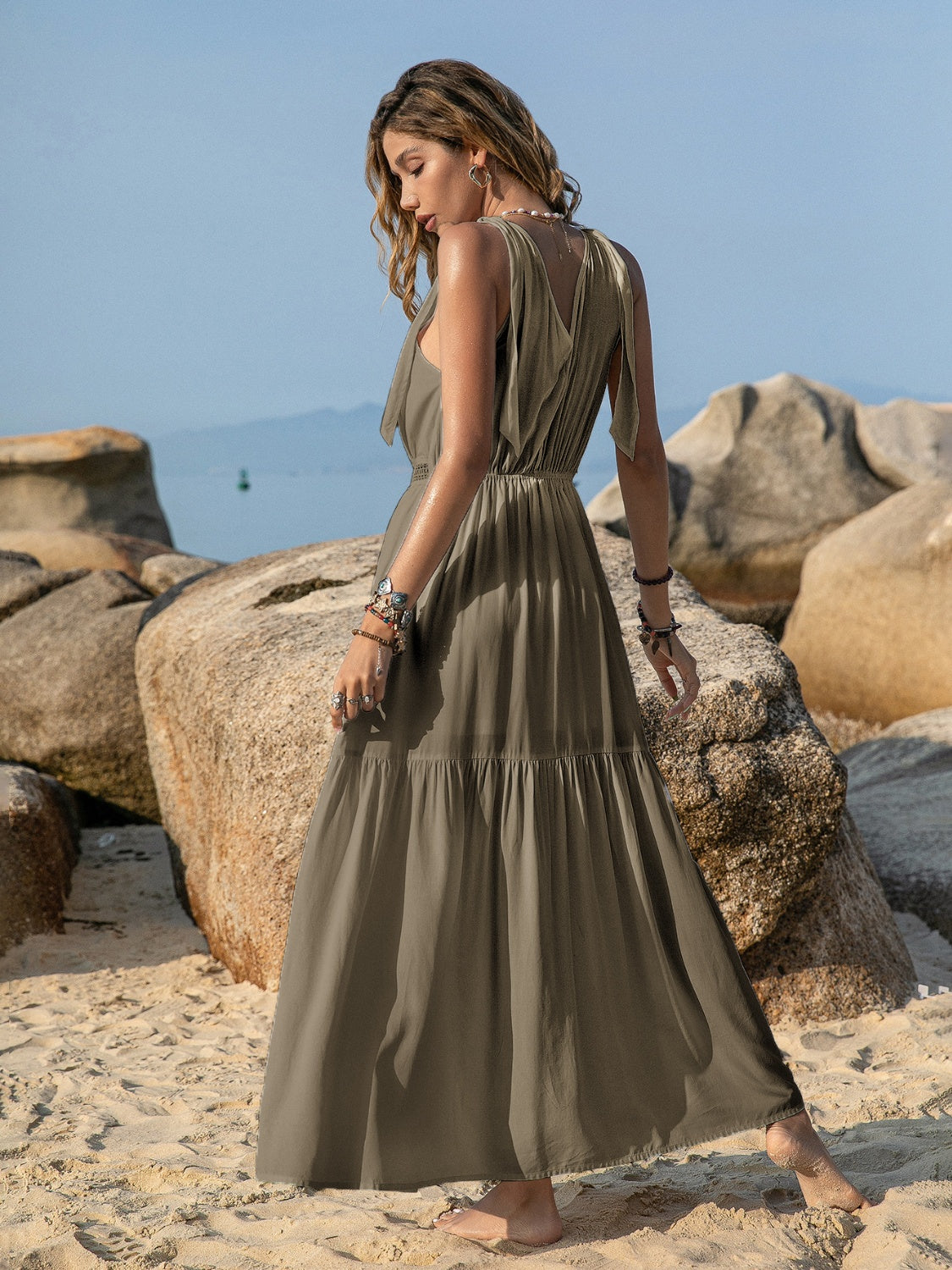 Elegant White V-Neck Tie Shoulder Maxi Dress