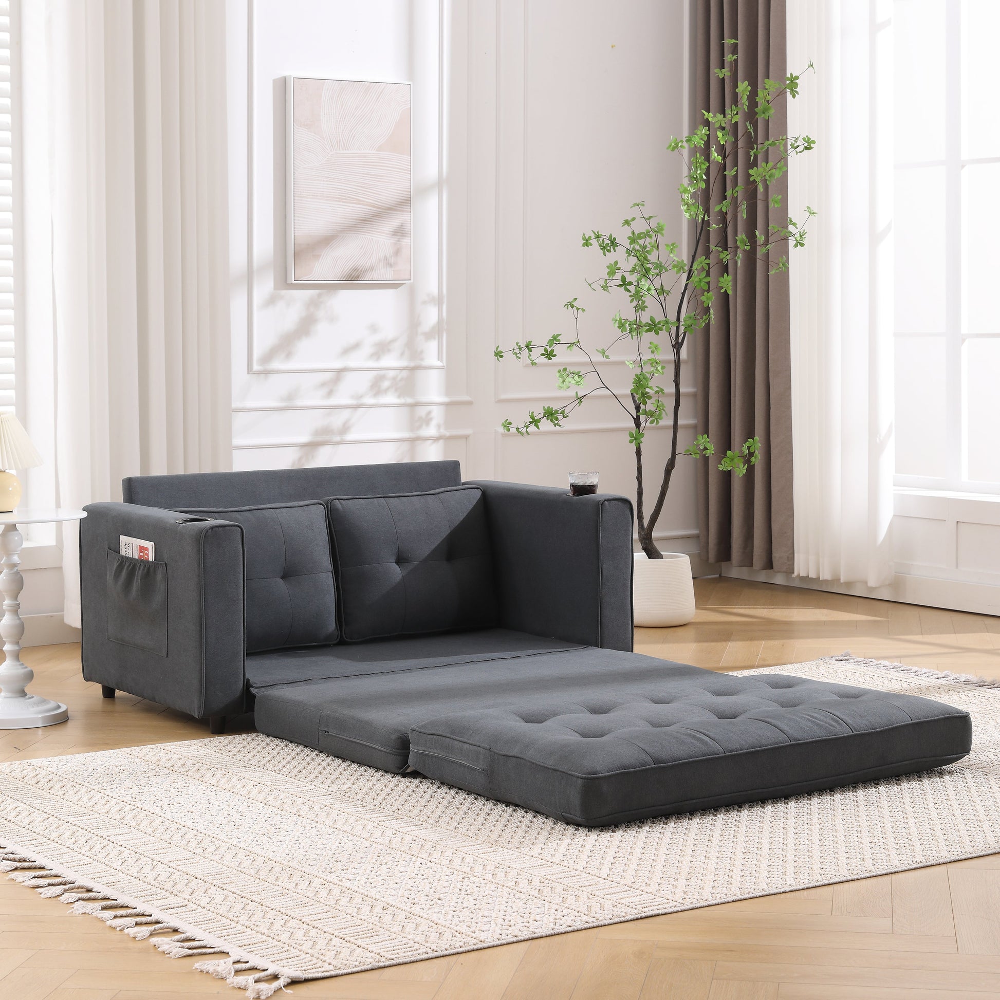 Three in one soft cushion cushion cushion sofa, folding mattress sofa bed, with side pockets and cup holder, dark gray - Korvel