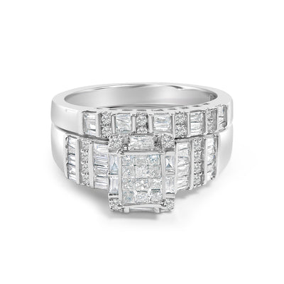 Sterling Silver 1.0 Cttw Diamond Bridal Engagement Ring Set