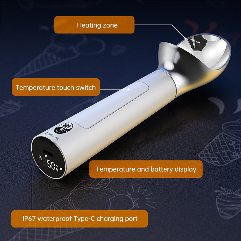 Rechargeable Heated Scoop: Adjustable Temp, Rapid Heat for Ice Cream & More - Korvel