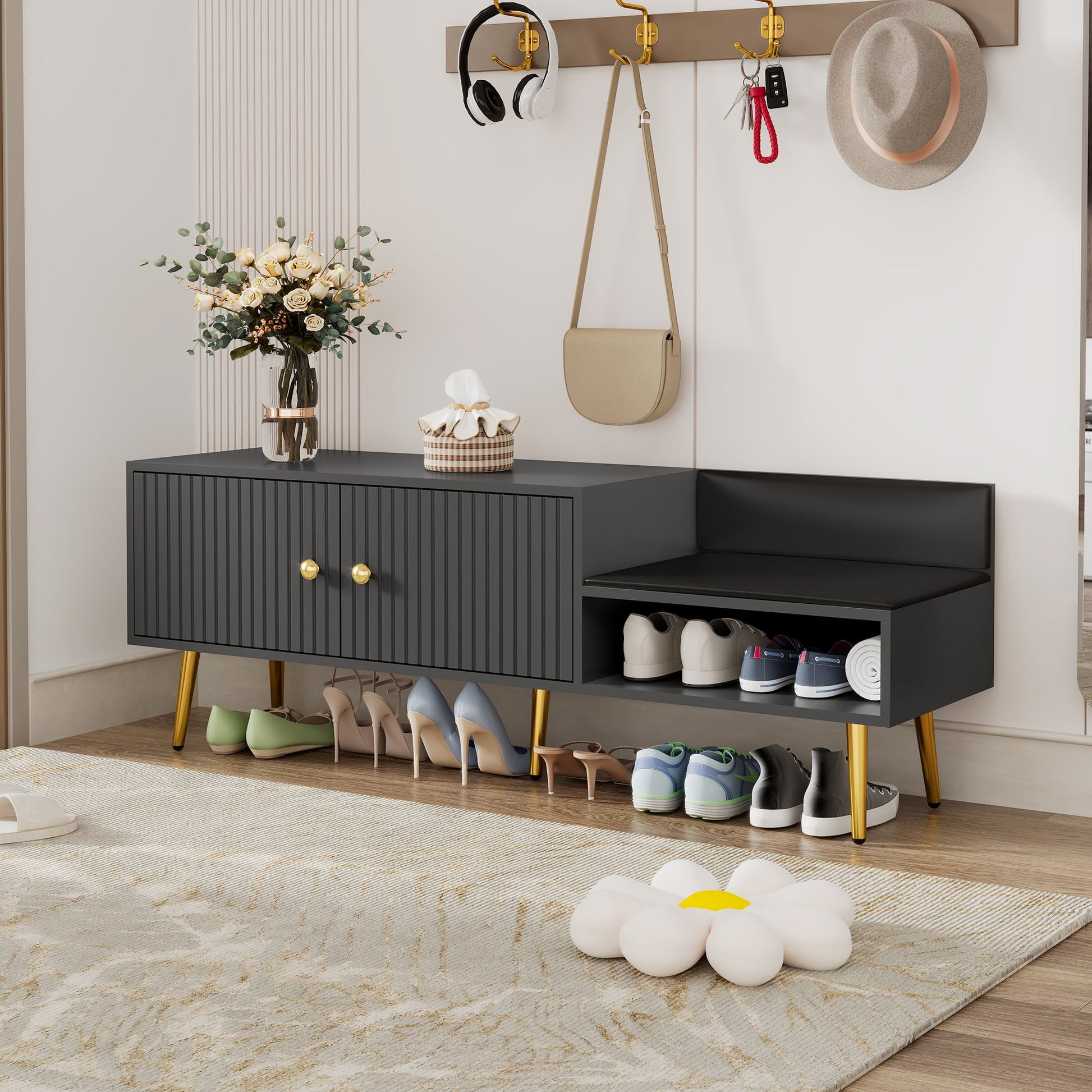 Modern Shoe Storage Bench with Hidden Storage and Upholstered Cushions for Bedside, Living Room and Entryway (Gray) - Korvel