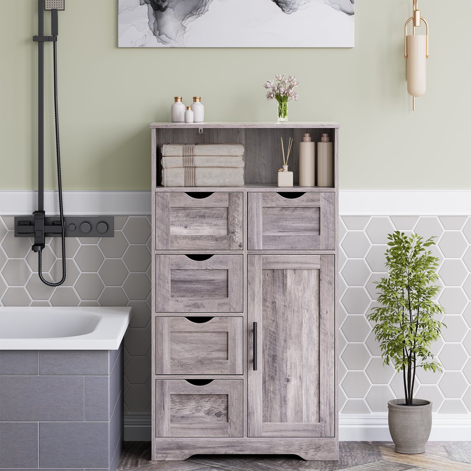 5 Drawers Storage Cabinet with Adjustable Shelves, Bathroom Cabinet with Doors, Floor Cabinet for Living Room Grey - Korvel