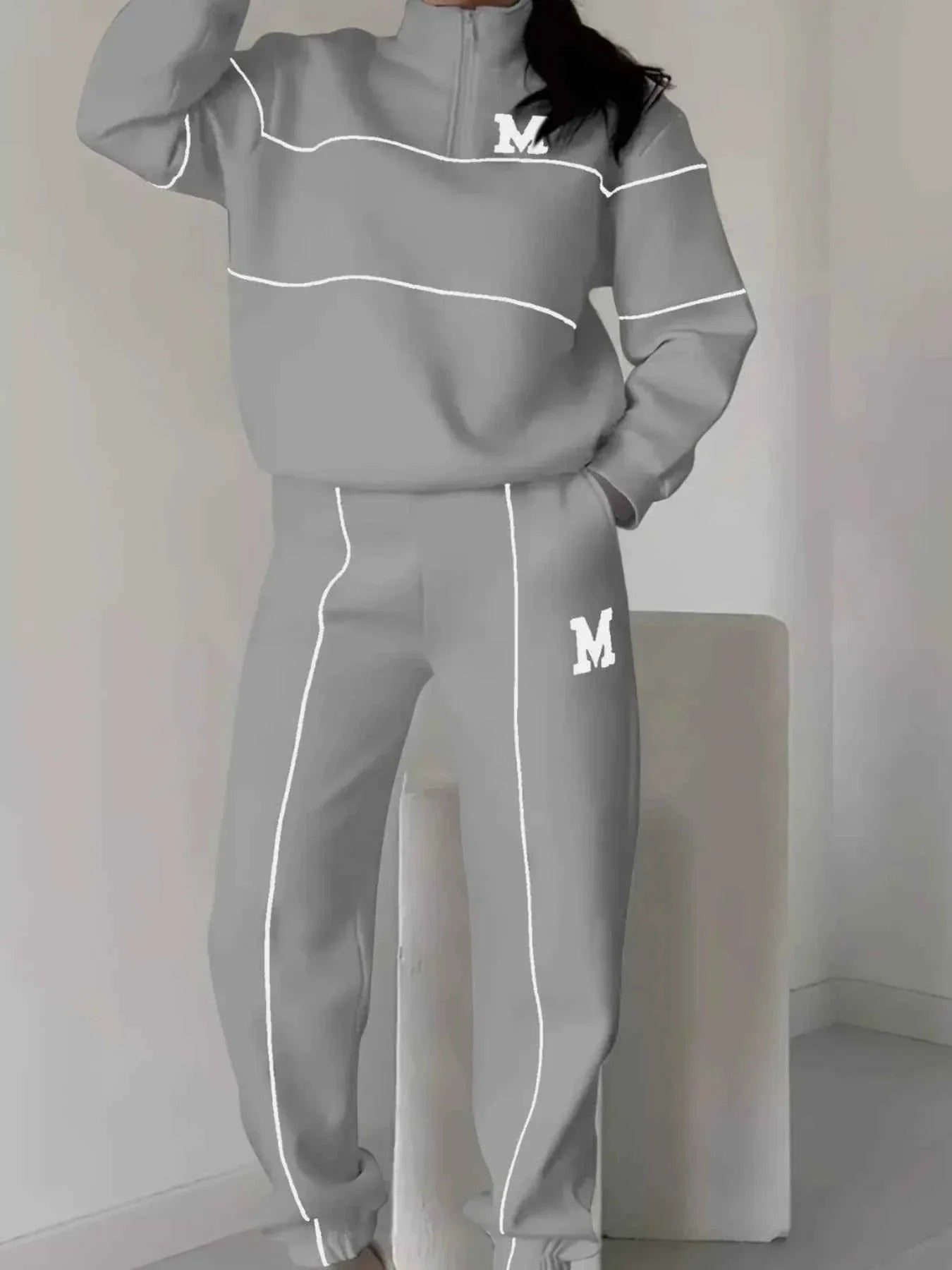 Plus Size Striped Quarter Zip Top and Pants Set