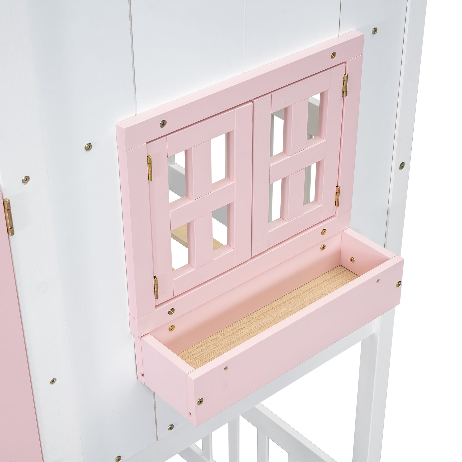 Twin over Twin House Bunk Bed with Roof , Window, Window Box, Door , with Safety Guardrails and Ladder, Pink/White - Korvel