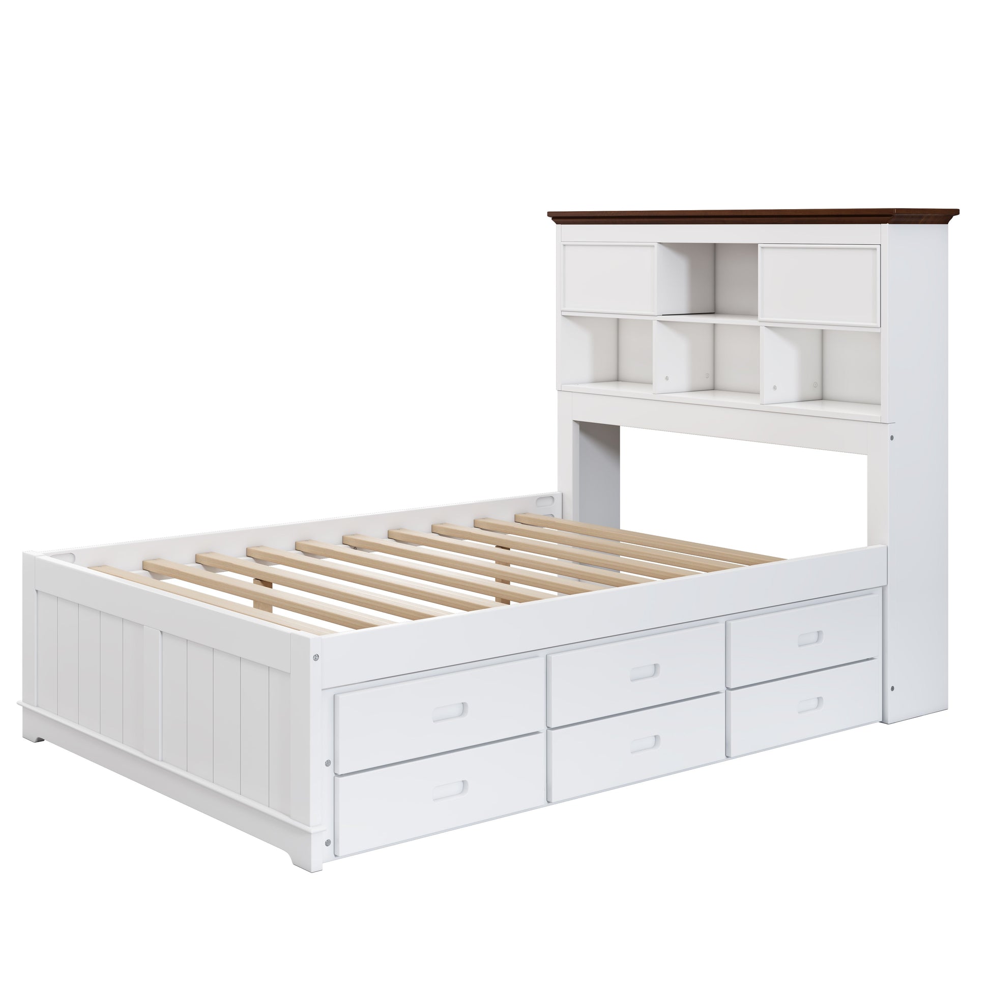 Solid Pine Captain Bookcase Bed with Trundle Bed and 3 Spacious Under Bed Drawers in Casual,Full, White+Walnut - Korvel