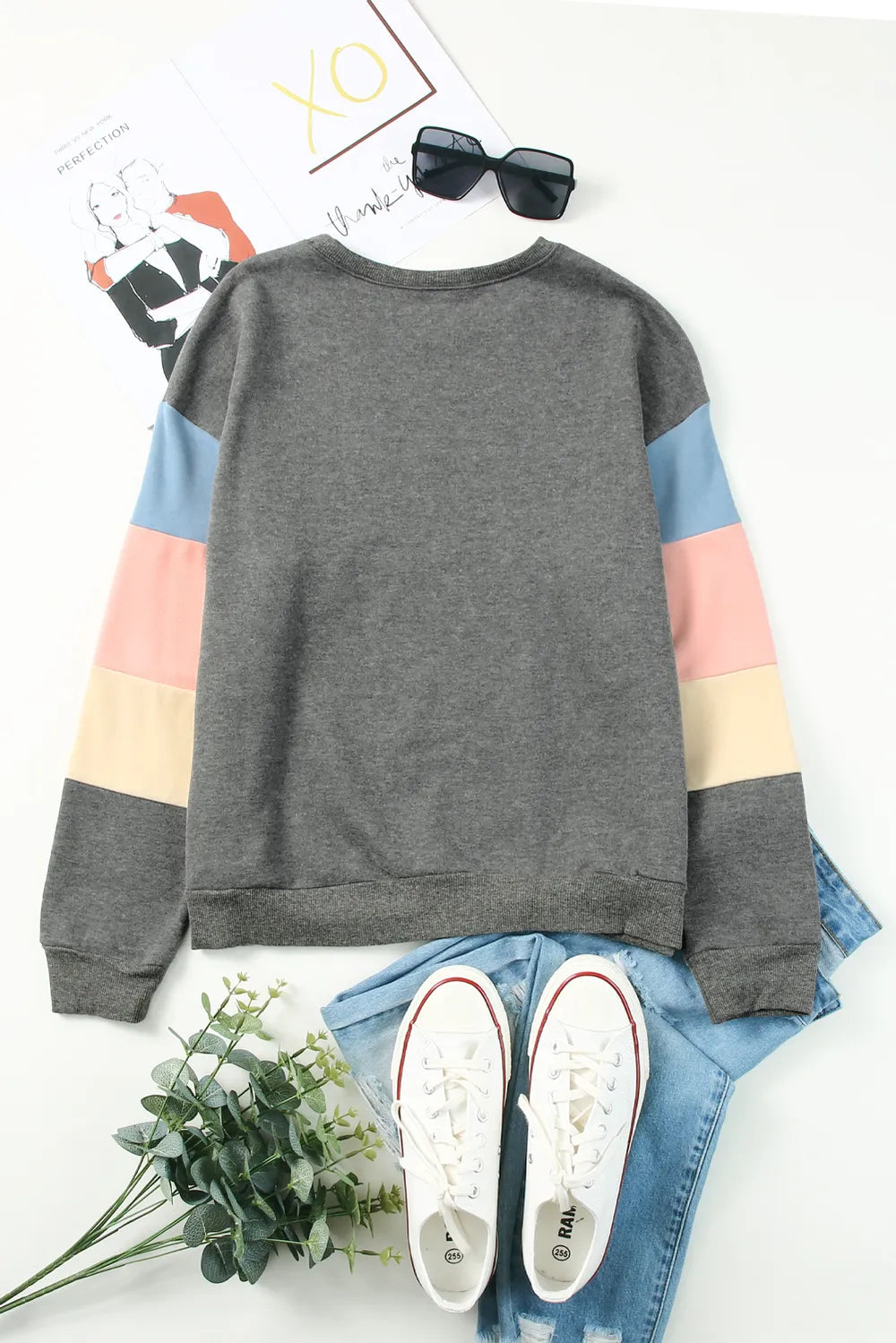 Color Block Round Neck Long Sleeve Sweatshirt - Korvel
