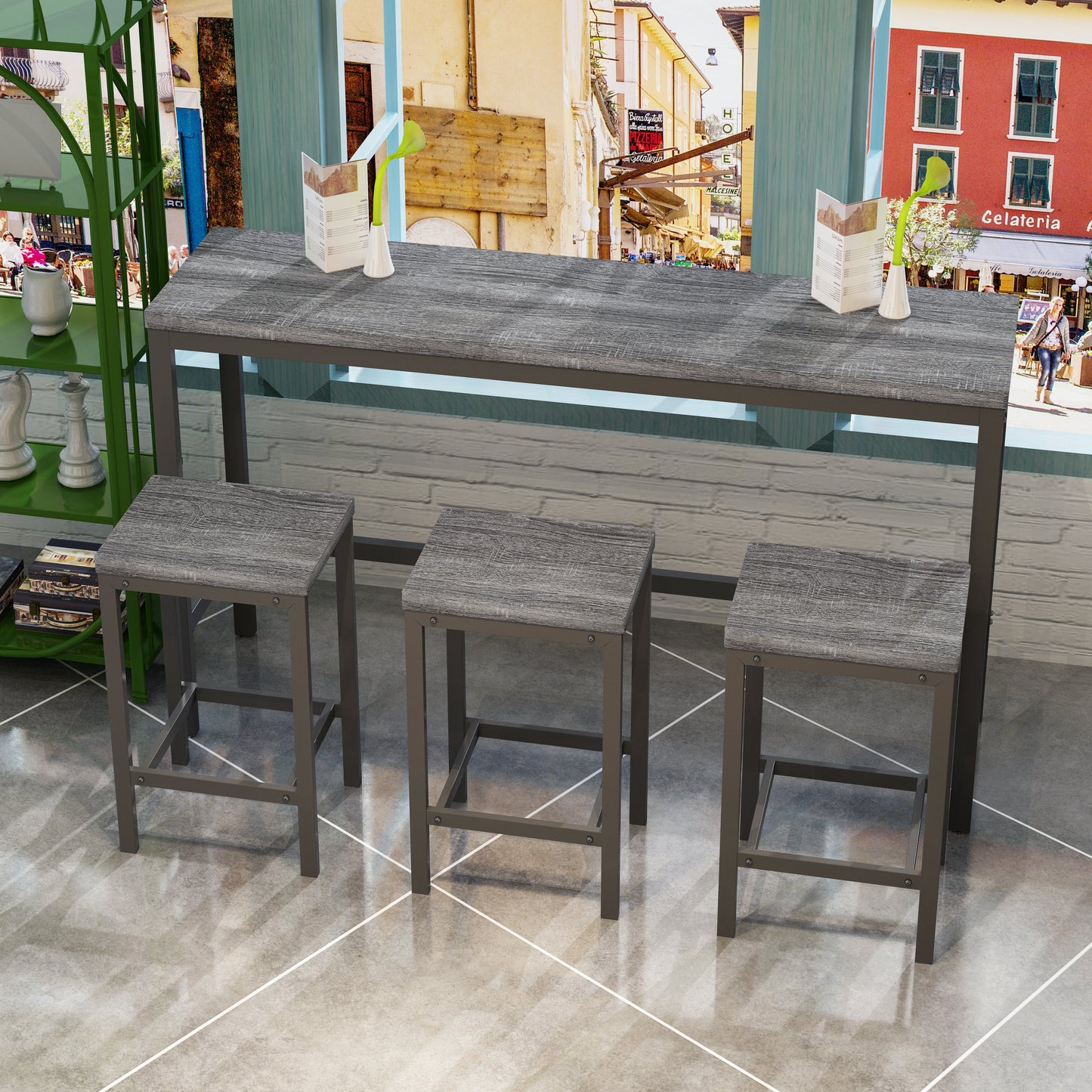 Modern Design Kitchen Dining Table Pub Table Long Dining Table Set with 3 Stools Easy Assembly Gray - Korvel