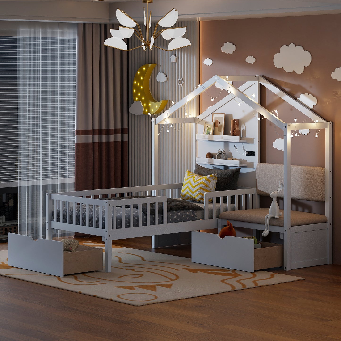 Twin Size House Bed with Upholstered Sofa and Charging Station