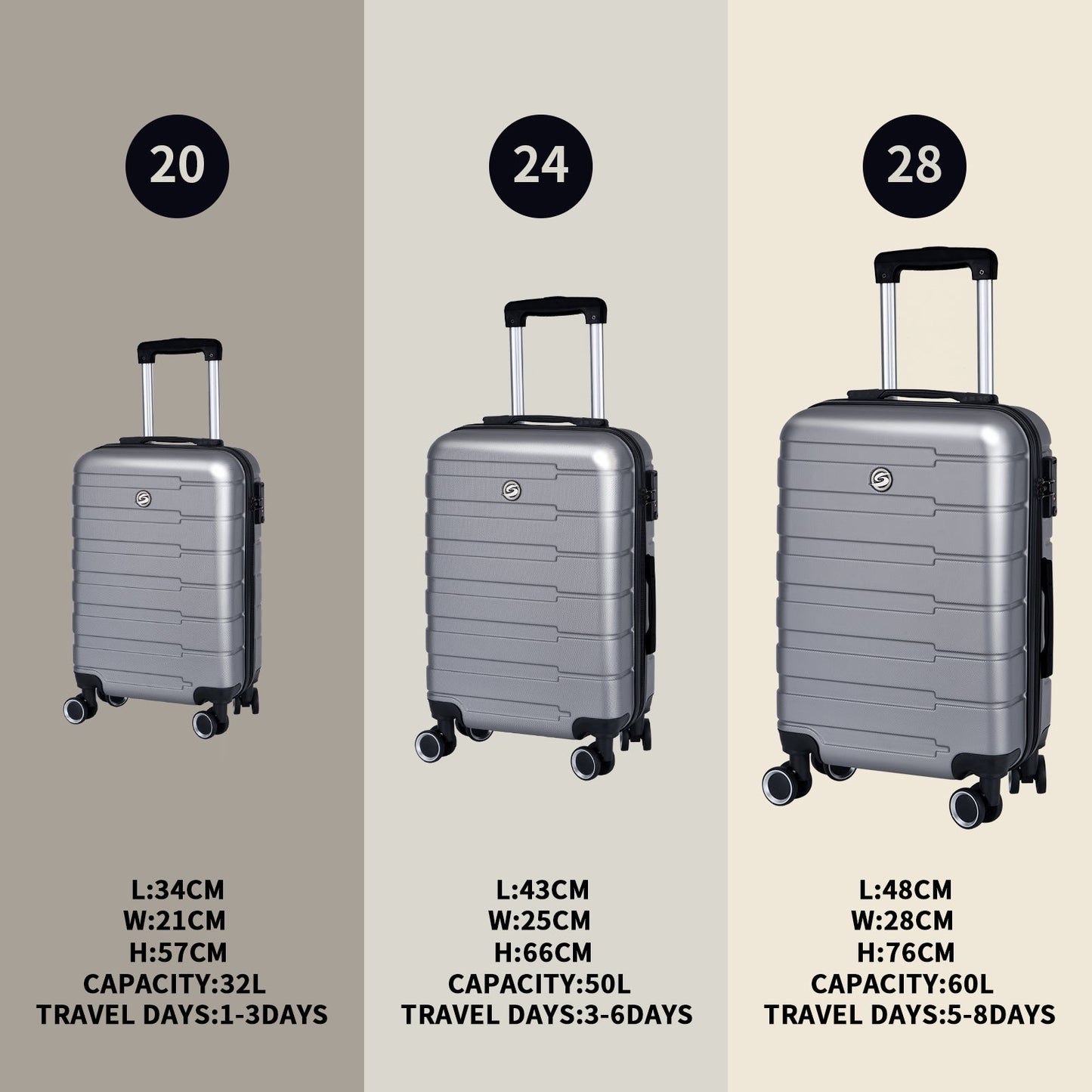 Luggage Suitcase 3 Piece Sets Hardside Carry-on luggage with Spinner Wheels 20"/24"/28" Silver+Grey + ABS - Korvel