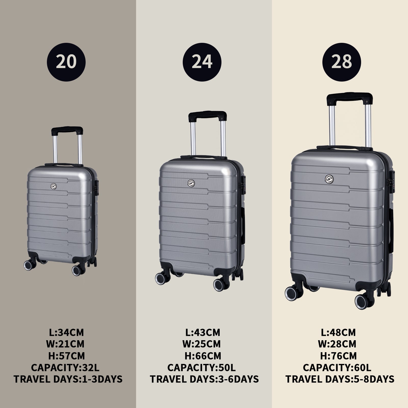 Luggage Suitcase 3 Piece Sets Hardside Carry-on luggage with Spinner Wheels 20"/24"/28" Silver+Grey + ABS - Korvel