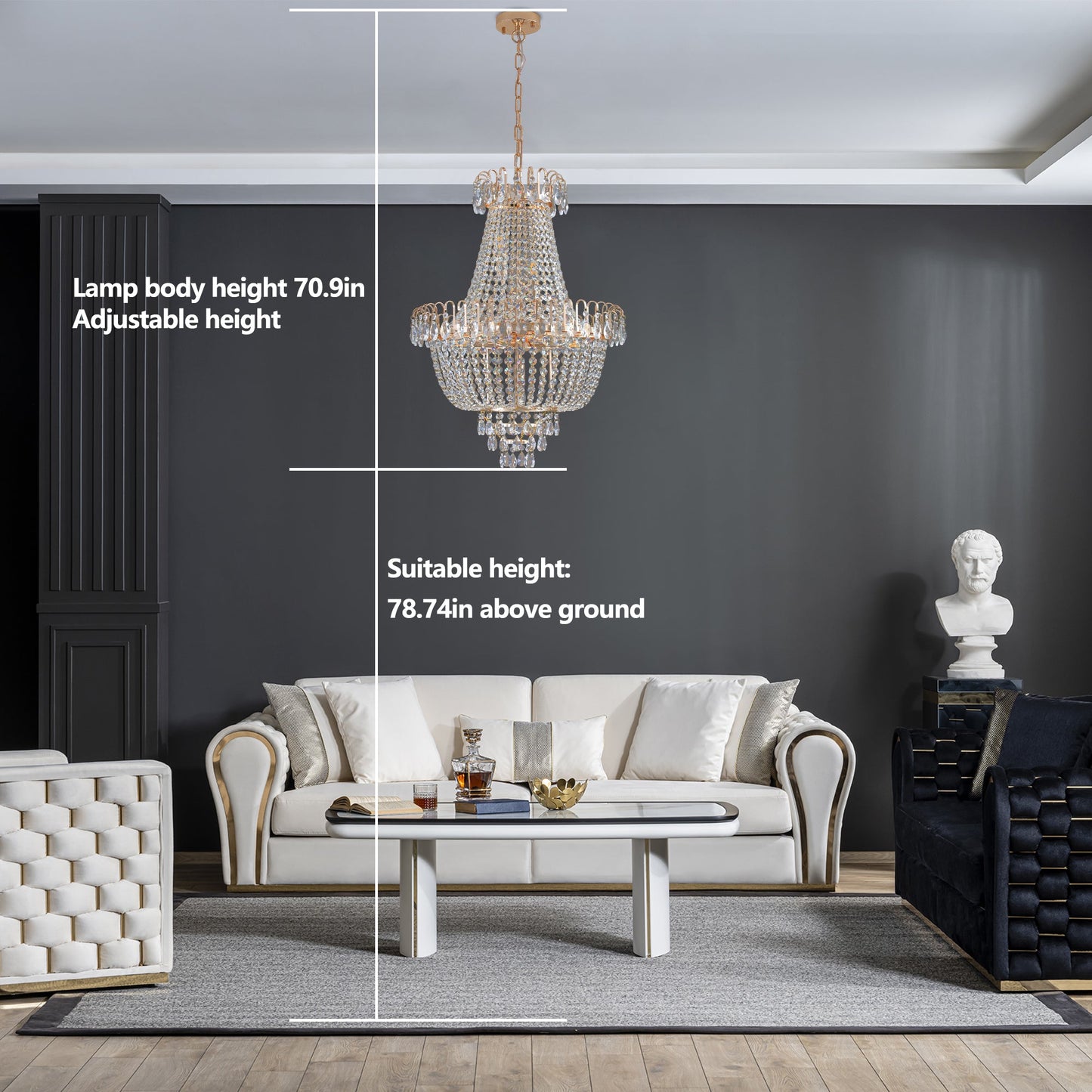 Golden crystal pendant light, large modern luxury ceiling lighting (without light bulbs) - Korvel