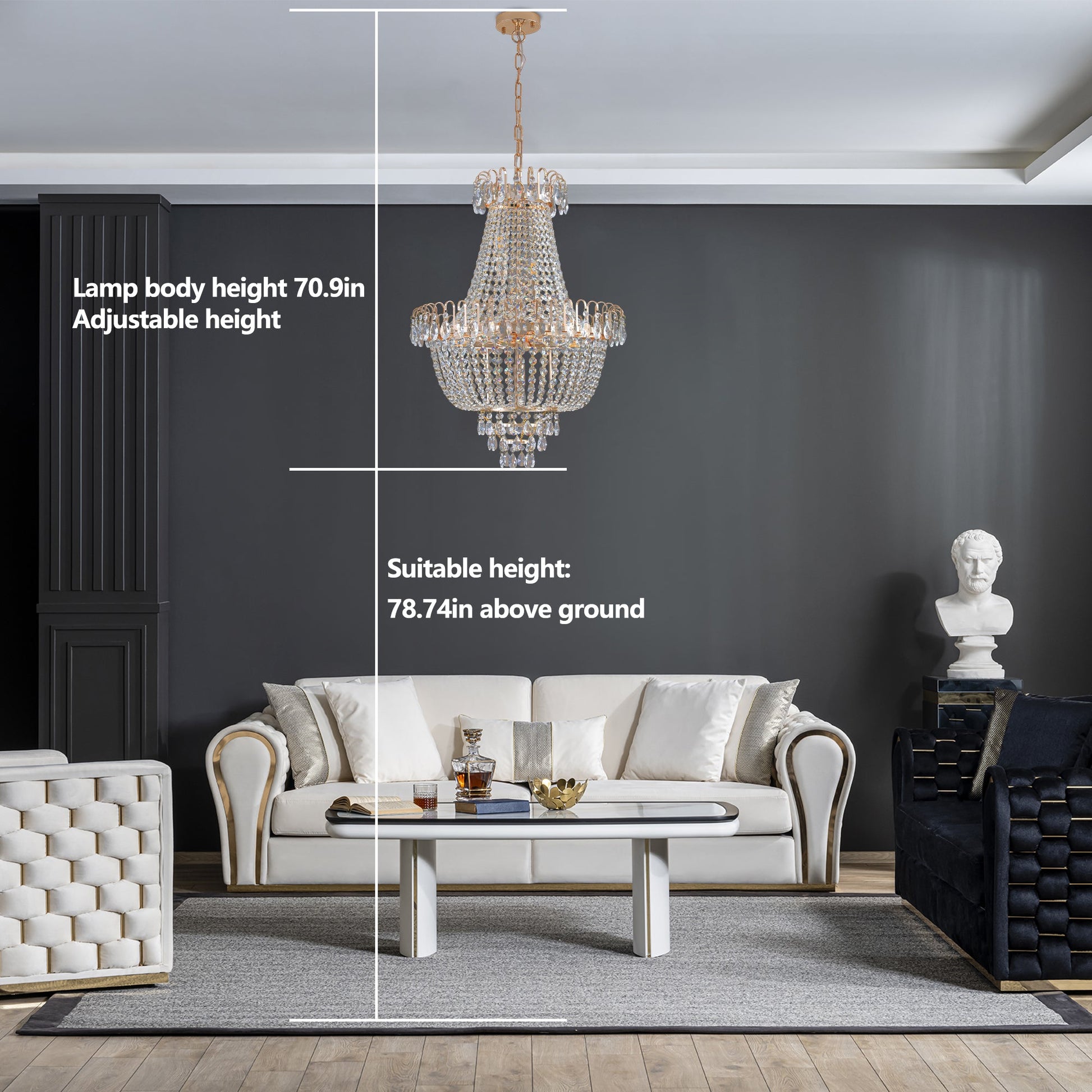 Golden crystal pendant light, large modern luxury ceiling lighting (without light bulbs) - Korvel