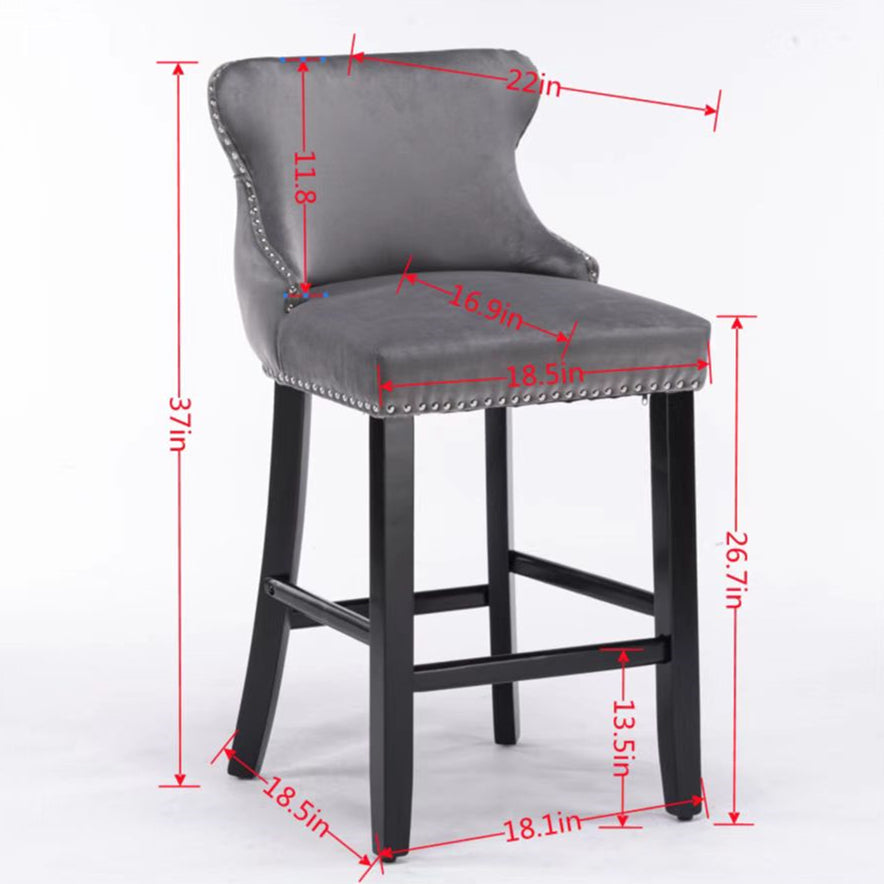 Velvet padded wing back bar stool with button cluster decoration and wooden leg chrome nail head decoration 2-piece set (black) - Korvel