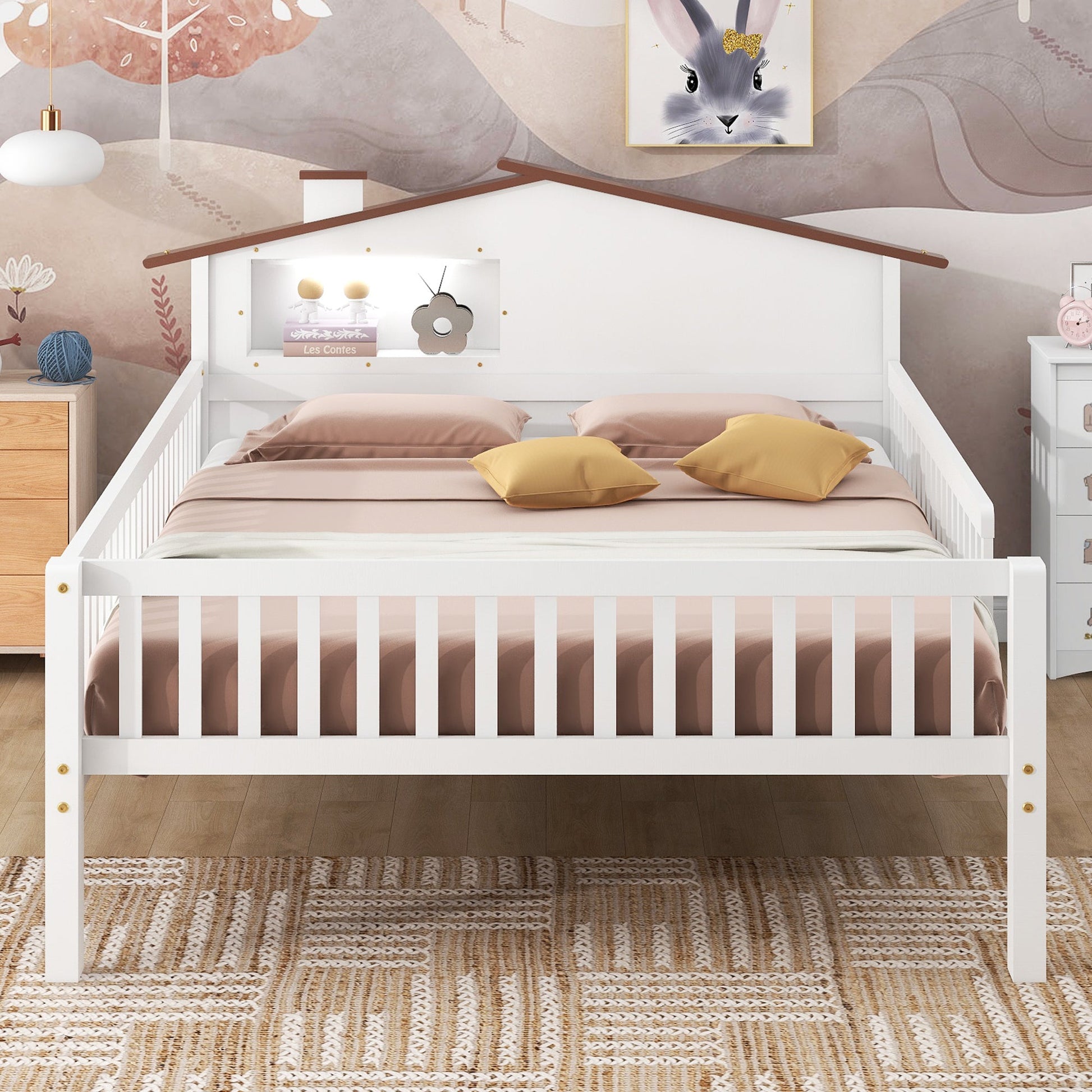 Full Size Wood Platform Bed with House-shaped Headboard, LED and Built-in Storage, White - Korvel