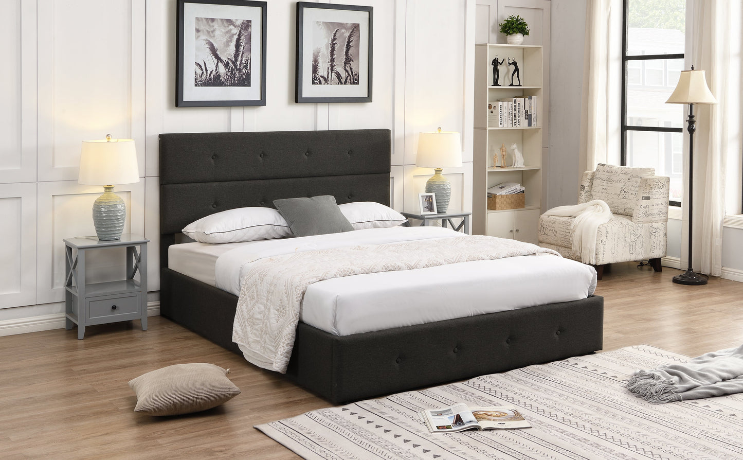 Lit plateforme queen rembourré avec rangement - Gris