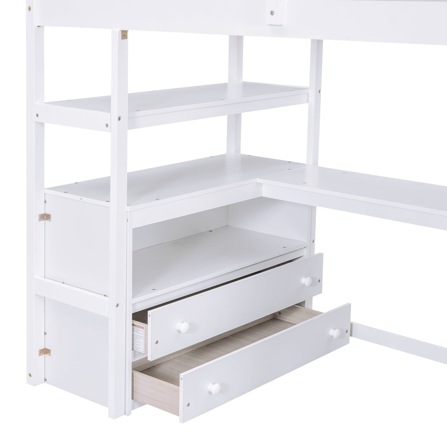 Twin Size Loft Bed with Desk and Shelves  Two Built-in Drawers  Storage Staircase White - Korvel