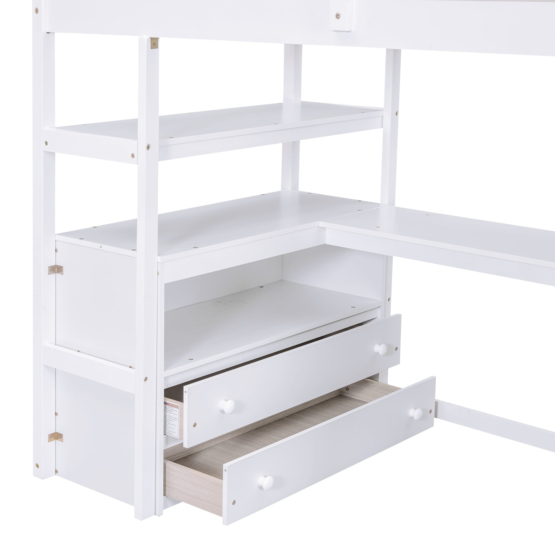 Twin Size Loft Bed with Desk and Shelves  Two Built-in Drawers  Storage Staircase White - Korvel