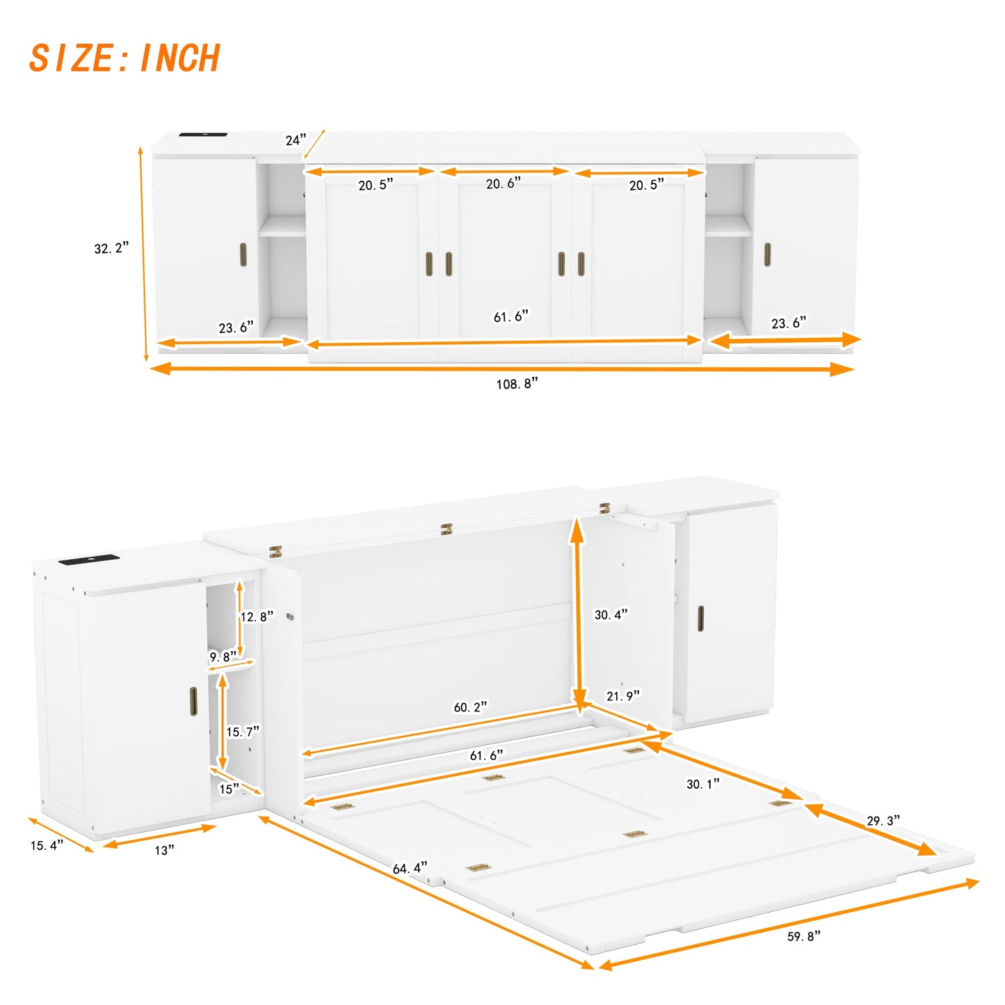 Lit Murphy Queen Size avec étagères et ports USB - Blanc