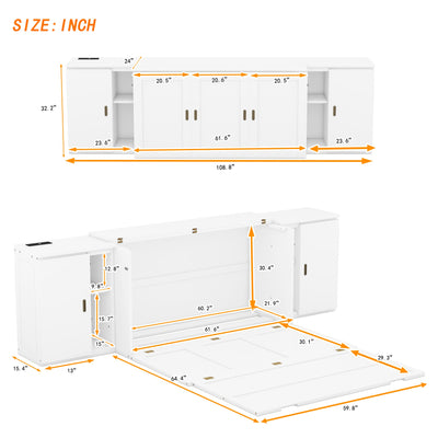 Queen Size Murphy Bed with Shelves and USB Ports - White