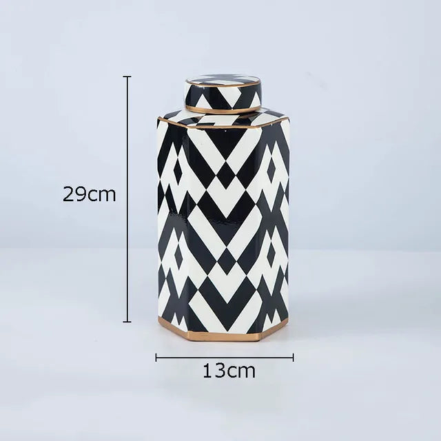 Geometric Black and White Striped Storage Jar Household Ceramic Candy Sealed Jar Vase Sundries Container Home Decoration - Korvel