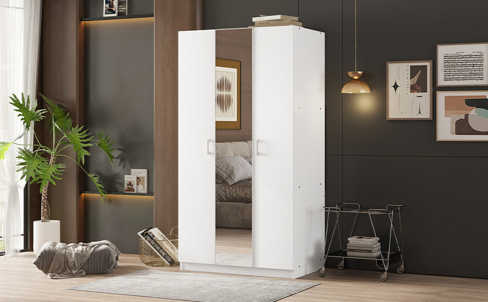 3 Door Wardrobe with Mirror, Armoire with Hanging Rod and 3 Fixed Shelves,White - Korvel