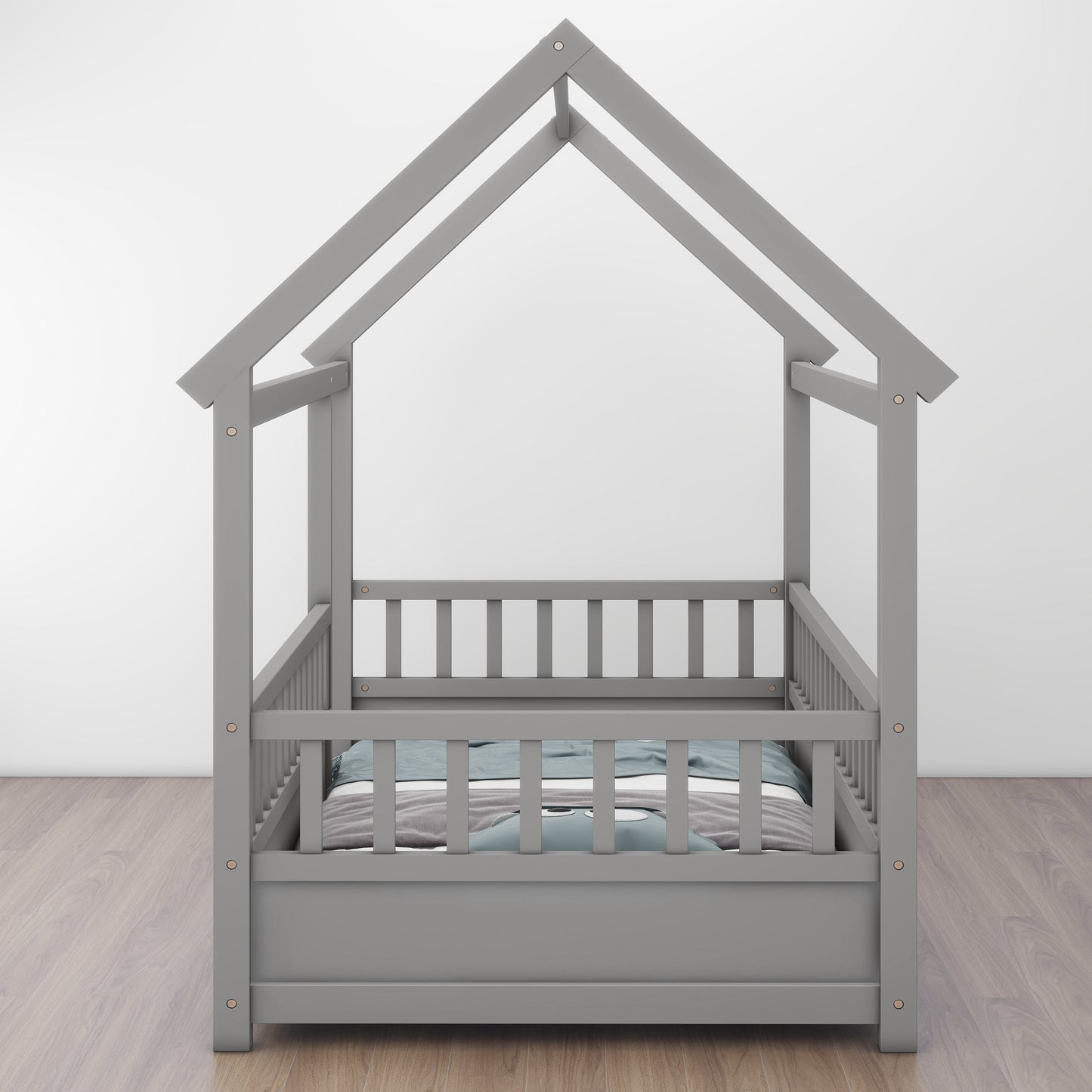Twin Size Floor Wooden Bed with House Roof Frame Fence Guardrails Grey - Korvel