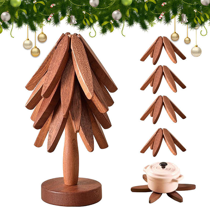 Tree-Shaped Wooden Trivet Set with Stand - 4 Pieces